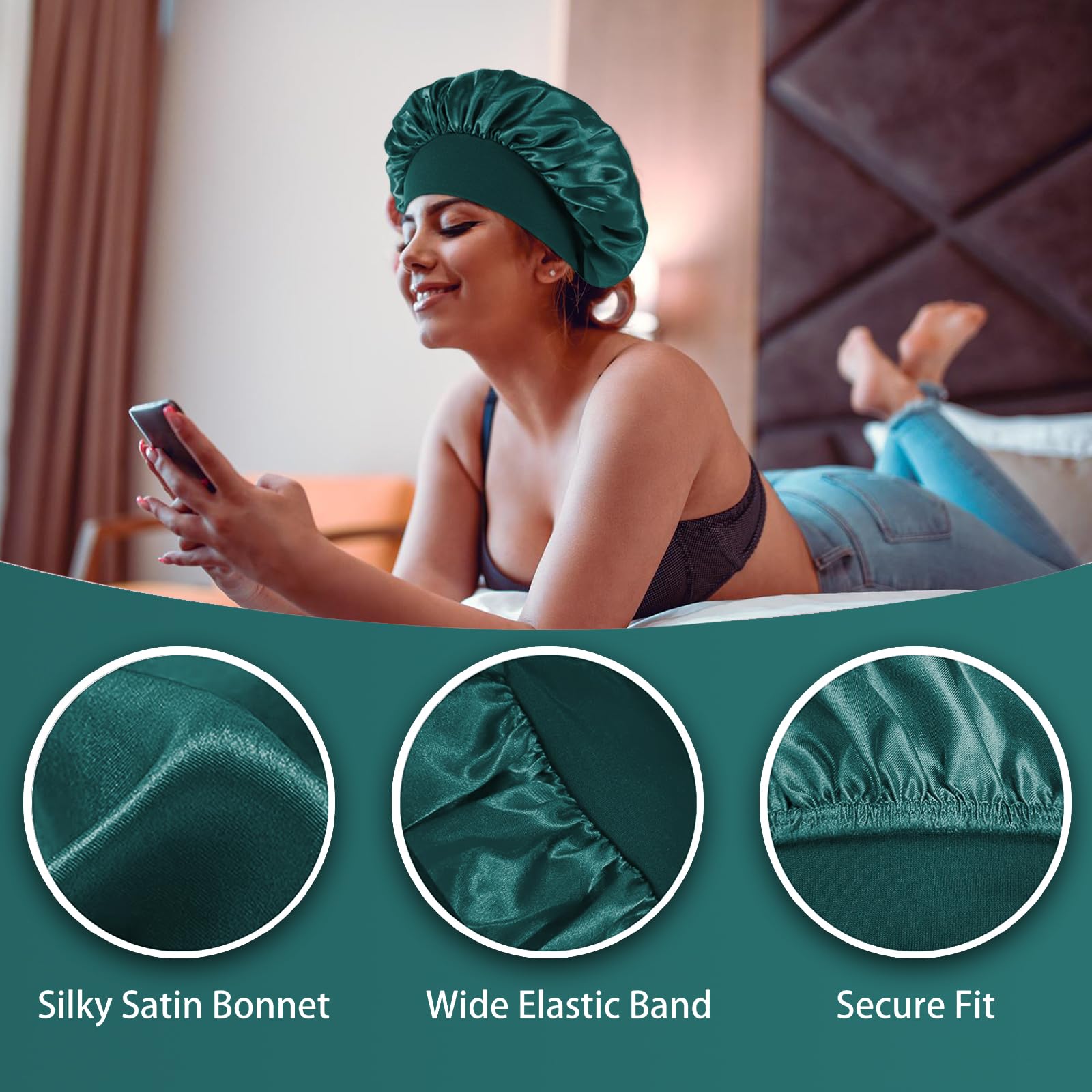 4PCS Silk Bonnet for Sleeping,Hair Satin Bonnets for Black Women Men,Hair Wrap Cap for Curly Hair,Elastic Wide Band Hair Bonnet Shower Cap for Sleeping (Black & Peacock Blue & Pink & Khaki)