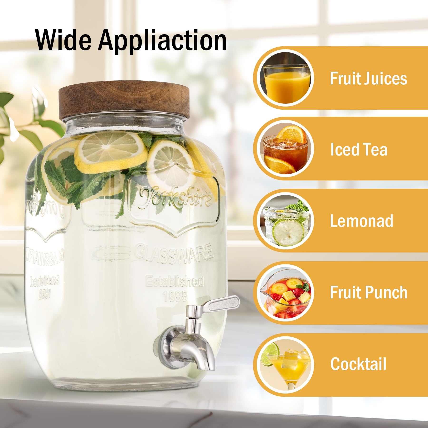 mustry Glass Drink Dispenser for Parties, 1 Gallon Beverage Dispenser with Stand and Spigot Solid Stainless Steel, Used as Lemonade Dispenser Sun Tea Jar Kombucha Jar, Set of 2