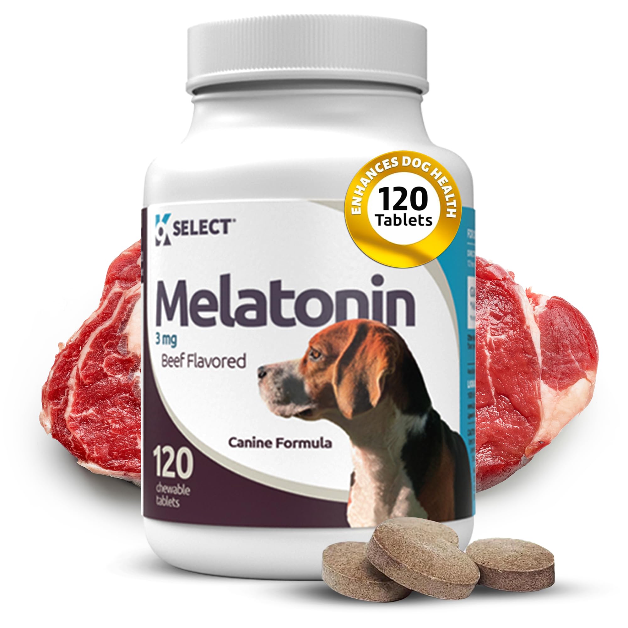 K9 Select Melatonin for Dogs - Composure Dog Calming Chews - Dog Melatonin for Sleep - Reduce Stress Helps Composure Calming Treats for Small Dogs - 3 mg, 120 Beef Flavored Chewable Tablets