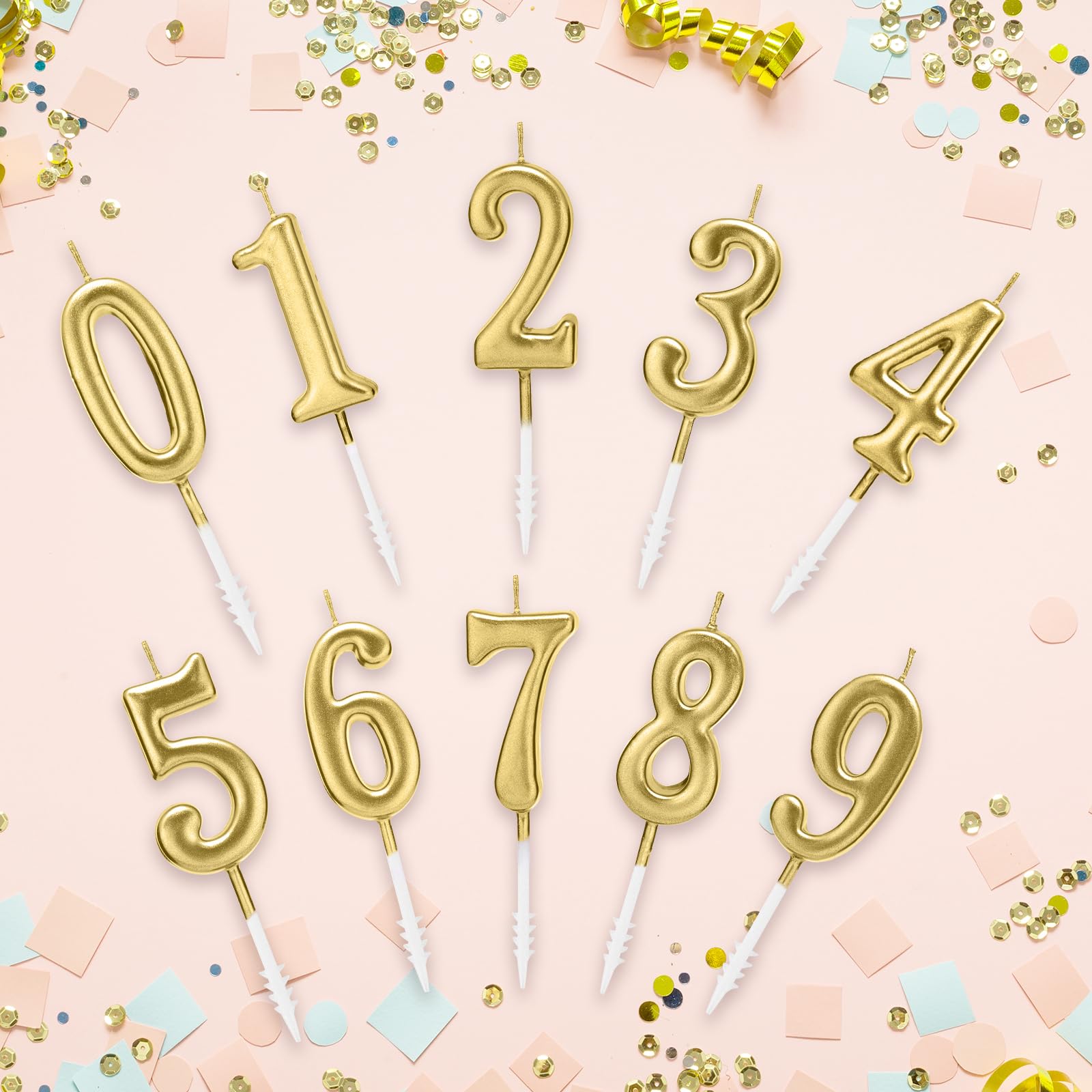 Beanlieve 10-Pieces Numeral Birthday Candles - Cake Numeric Candles Number 0 1 2 3 4 5 6 7 8 9,Used for Cake Decoration on Birthday Parties and Wedding Anniversary Celebrations(Champagne Gold)