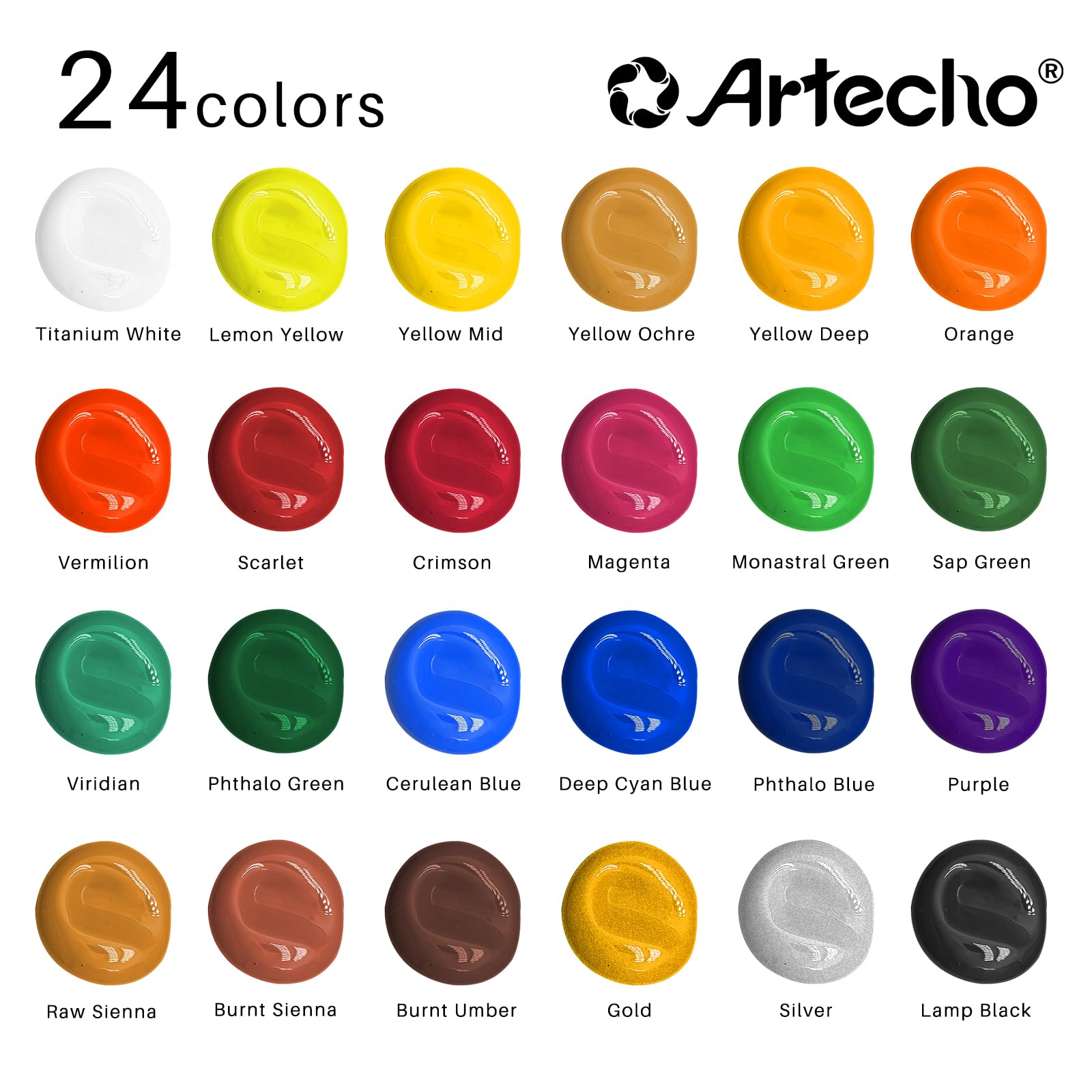 Artecho Acrylic Paint Set 24 Colors 2oz/59ml with 12 Brushes, Art Craft Paints Kit, Paint for Canvas, Rocks, Wood, Fabric, Ceramic and Art Supplies, Non Toxic Paint for Artists and Beginners