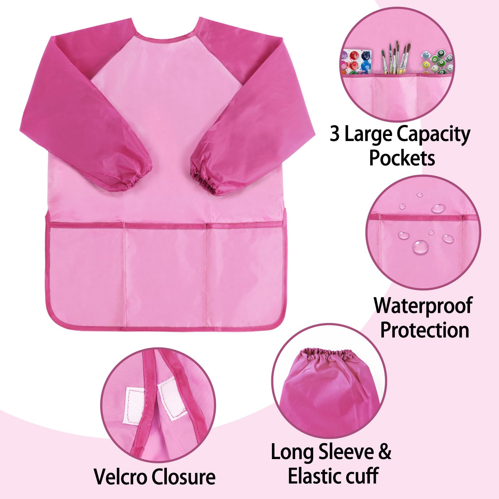 Kids Art Smock, Kids Painting Apron, Waterproof Children Artist Smock with Long Sleeve with 3 Pockets for Toddlers Age 2-6 (Pink)
