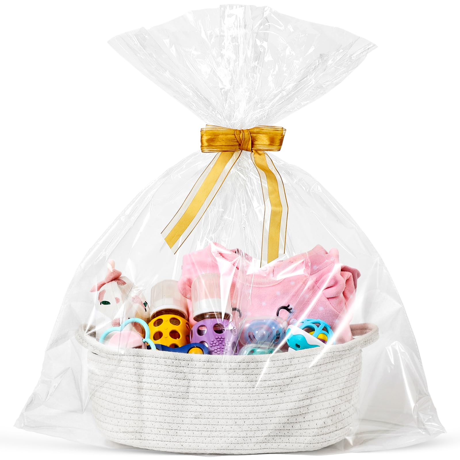 Small Woven Basket with Gift Bags and Ribbons, Empty Decorative Gift Chest Box, Cute Baby Gift Basket for Nursery, Cotton Rope Room Shelf Storage Basket with Handles, 12"x 8"x 5",White