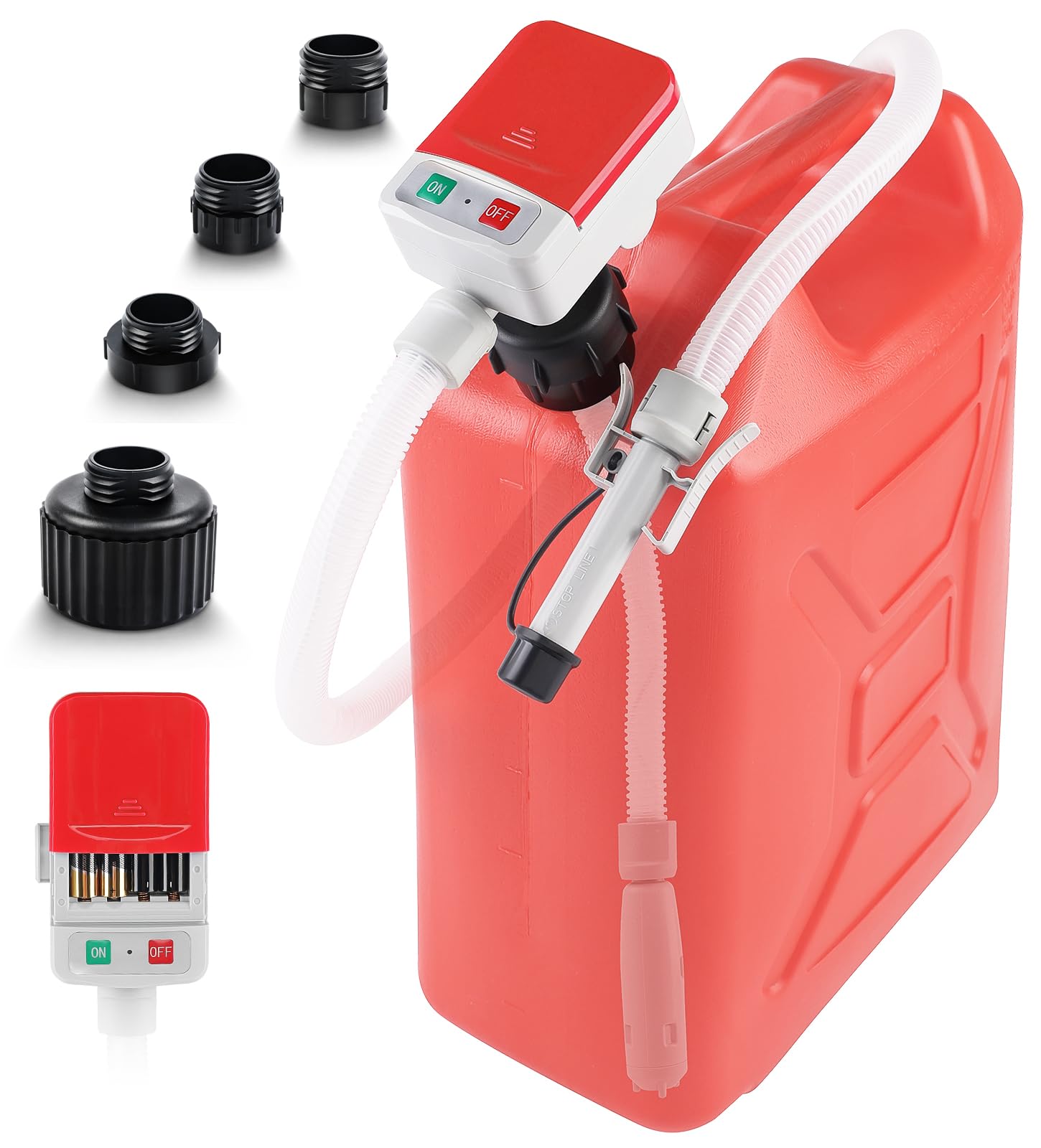 SKYJDM Fuel Transfer Pump with Auto-stop Sensor and 4 Tank Adapter, 2.4GPM 51" Hose Battery-Powered Portable Liquid Pump for Gasoline & Diesel Oil (Red)