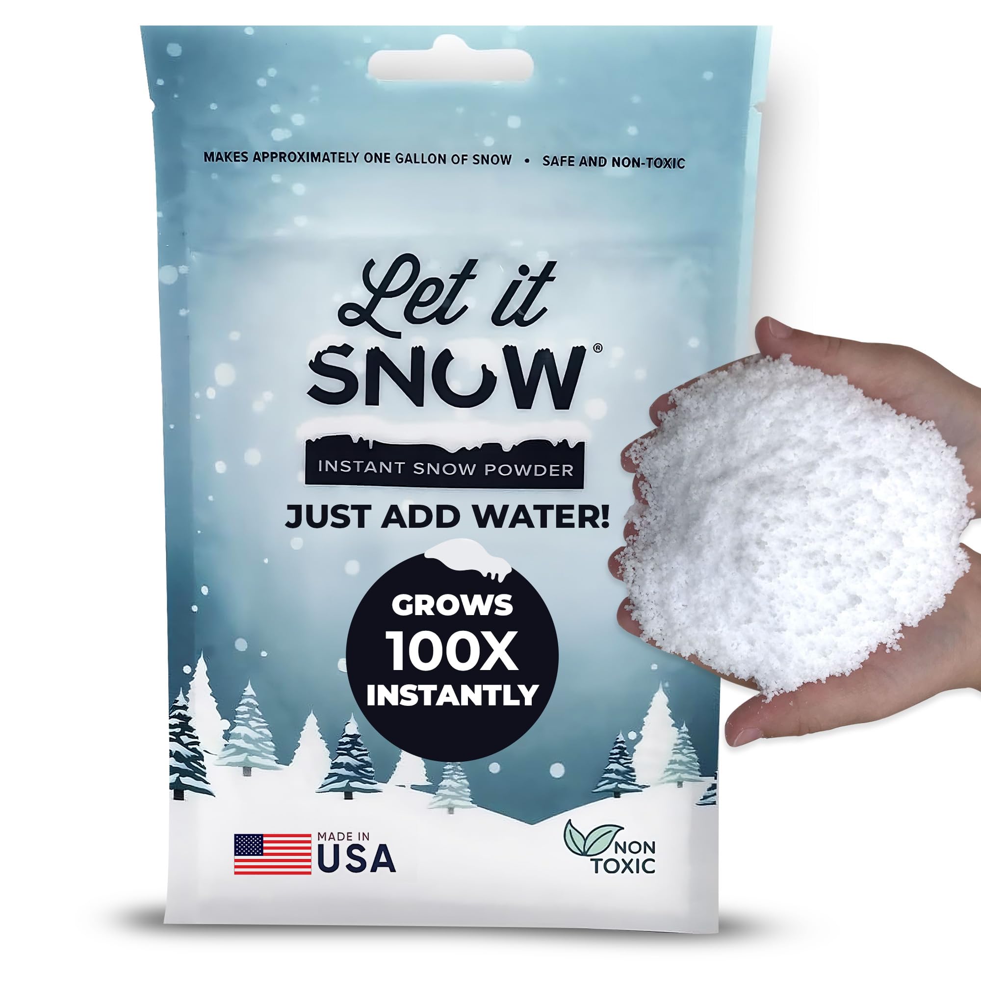 مسحوق ثلج صناعي فوري Let it Snow - صُنع في الولايات المتحدة الأمريكية، مثالي للأطفال وديكورات العطلات واللعب الحسي والسلايم - عبوة واحدة - يُنتج 1 جالون
