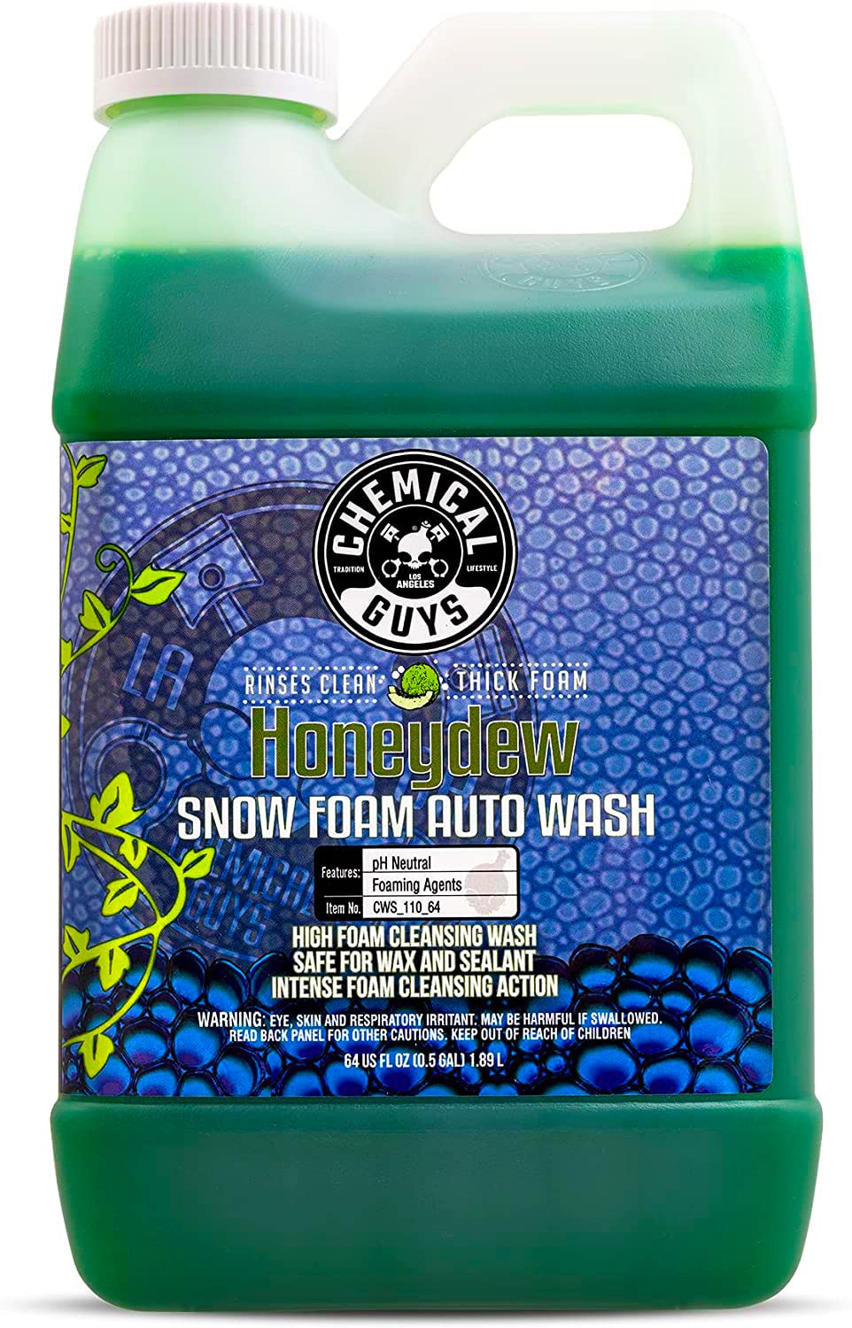 Chemical Guys CWS 110 Honeydew Snow Foam Car Wash Soap (Works with Foam Cannons, Guns or Bucket Washes) Safe for Trucks, Motorcycles, RVs & More, 128 fl oz (1 Gallon), Honeydew Scent