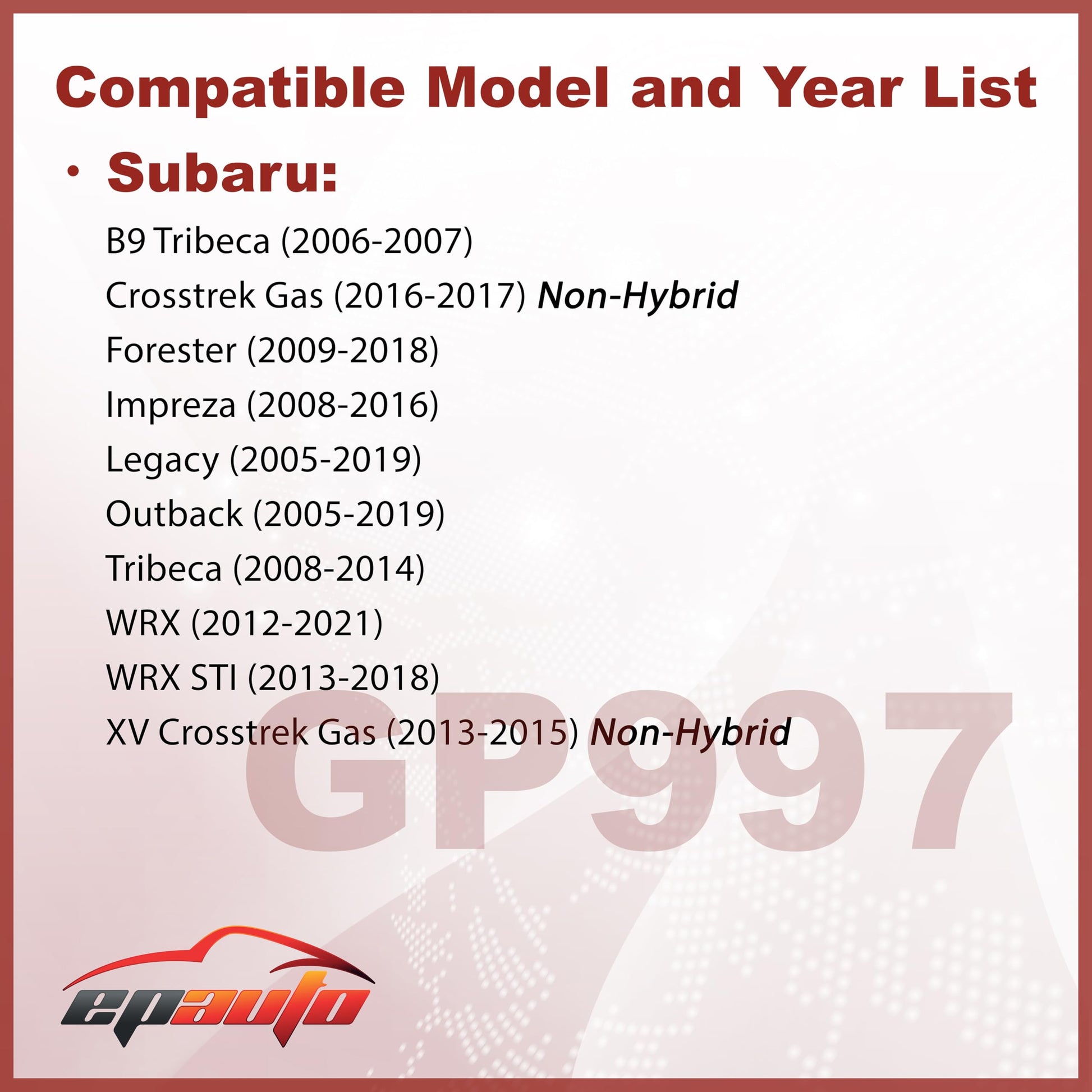 EPAuto GP997 (CA9997) Panel Engine Air Filter, Compatible with Subaru Impreza (2008-2016), Legacy (2005-2019), Outback (2005-2019), WRX (2015-2018), Forester (2009-2018), Tribeca (2008-2014)