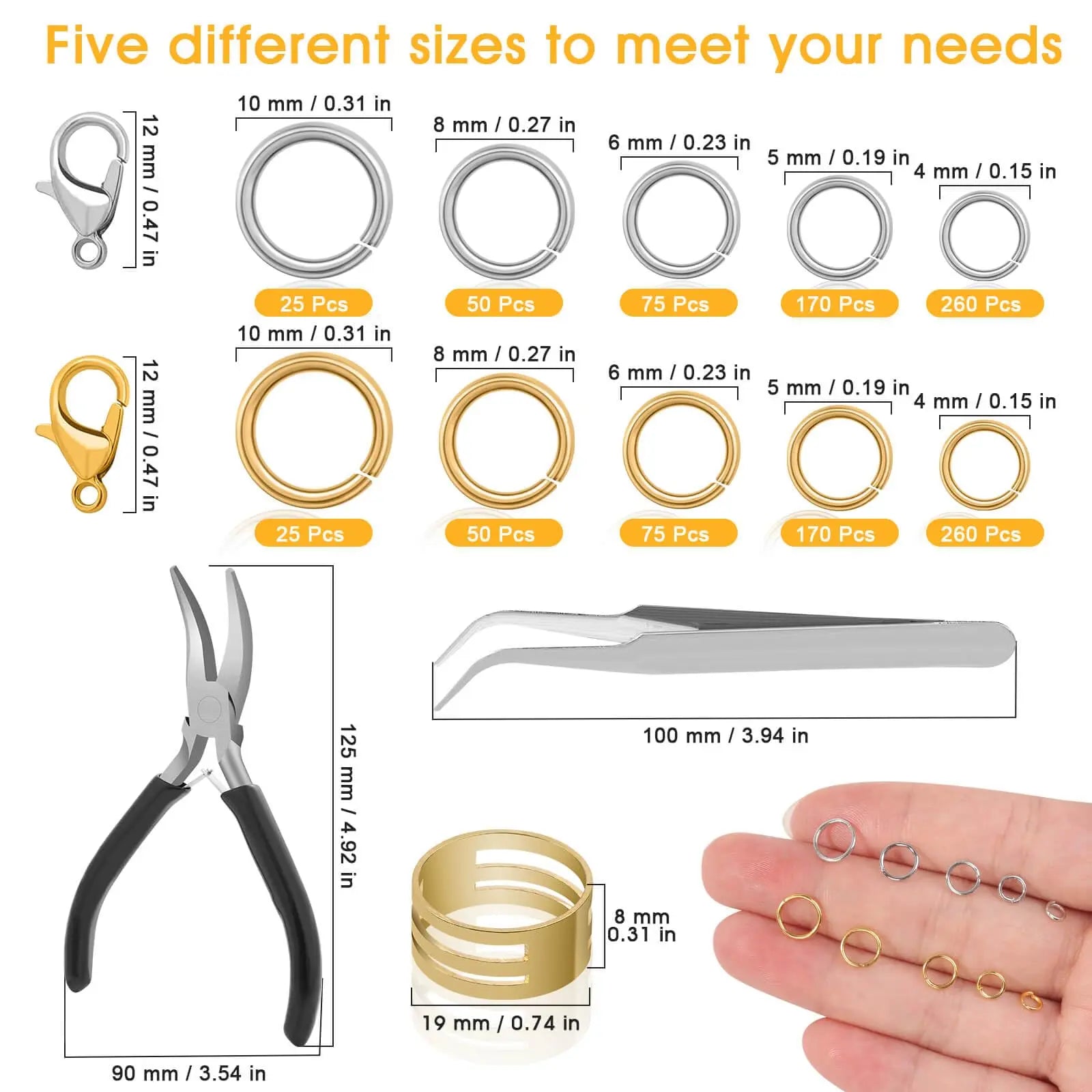 Anezus Jump Rings for Jewelry Making Supplies and Necklace Repair with Jump Ring Pliers and Open Jump Ring(1200Pcs Silver and Gold)