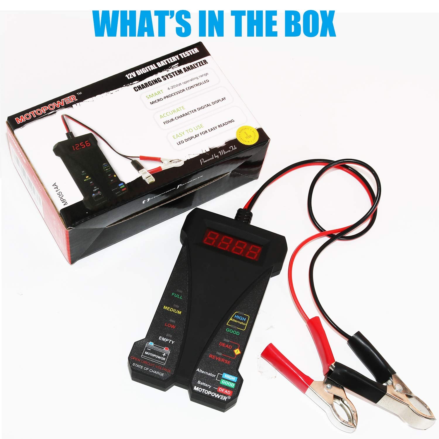 MOTOPOWER MP0514A 12V Digital Car Battery Tester Voltmeter and Charging System Analyzer with LCD Display and LED Indication - Black Rubber Paint