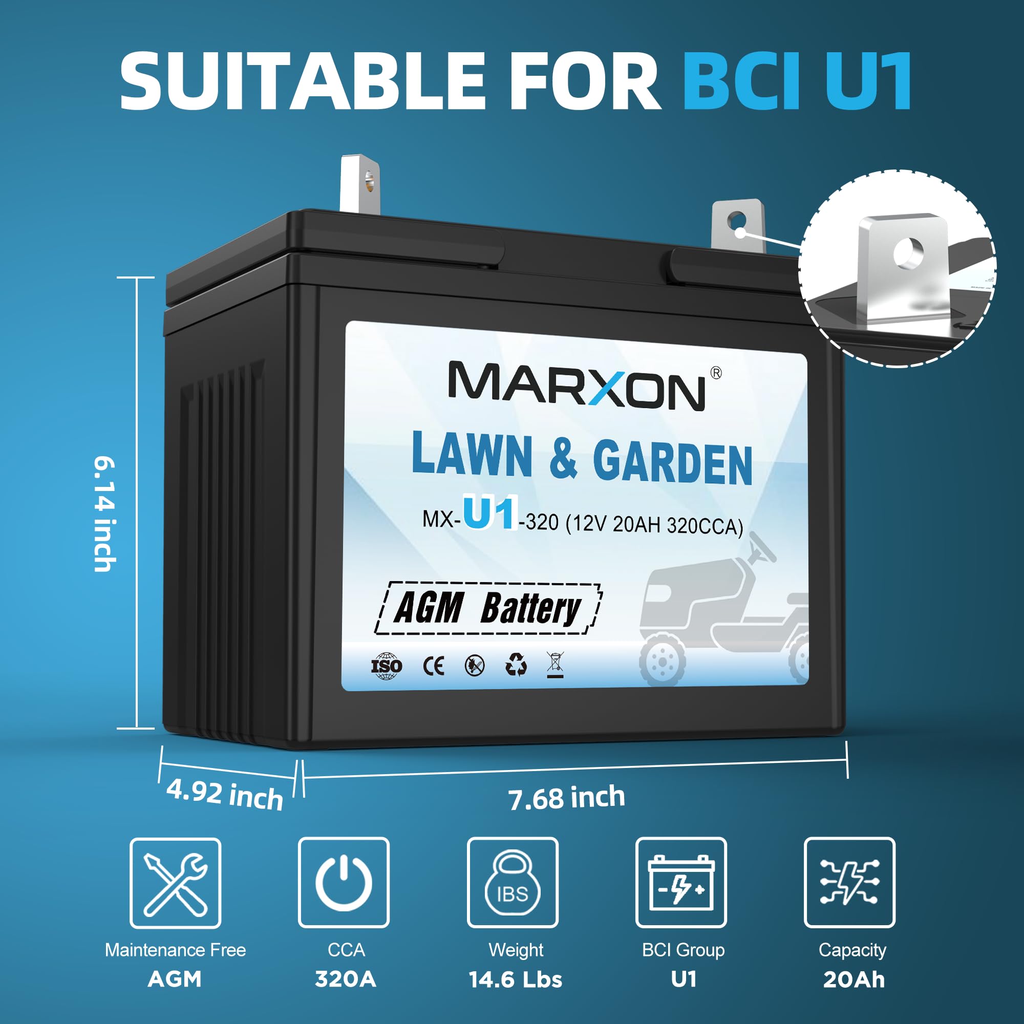 Marxon U1 320CCA Riding Lawn Mower Batteries, Garden Tractors Battery Maintenance Free AGM Battery, Compatible with Troy-Bilt, John Deere, Toro, Cub Cadet, Craftsman, Ariens Poulan Pro Massey Ferguson