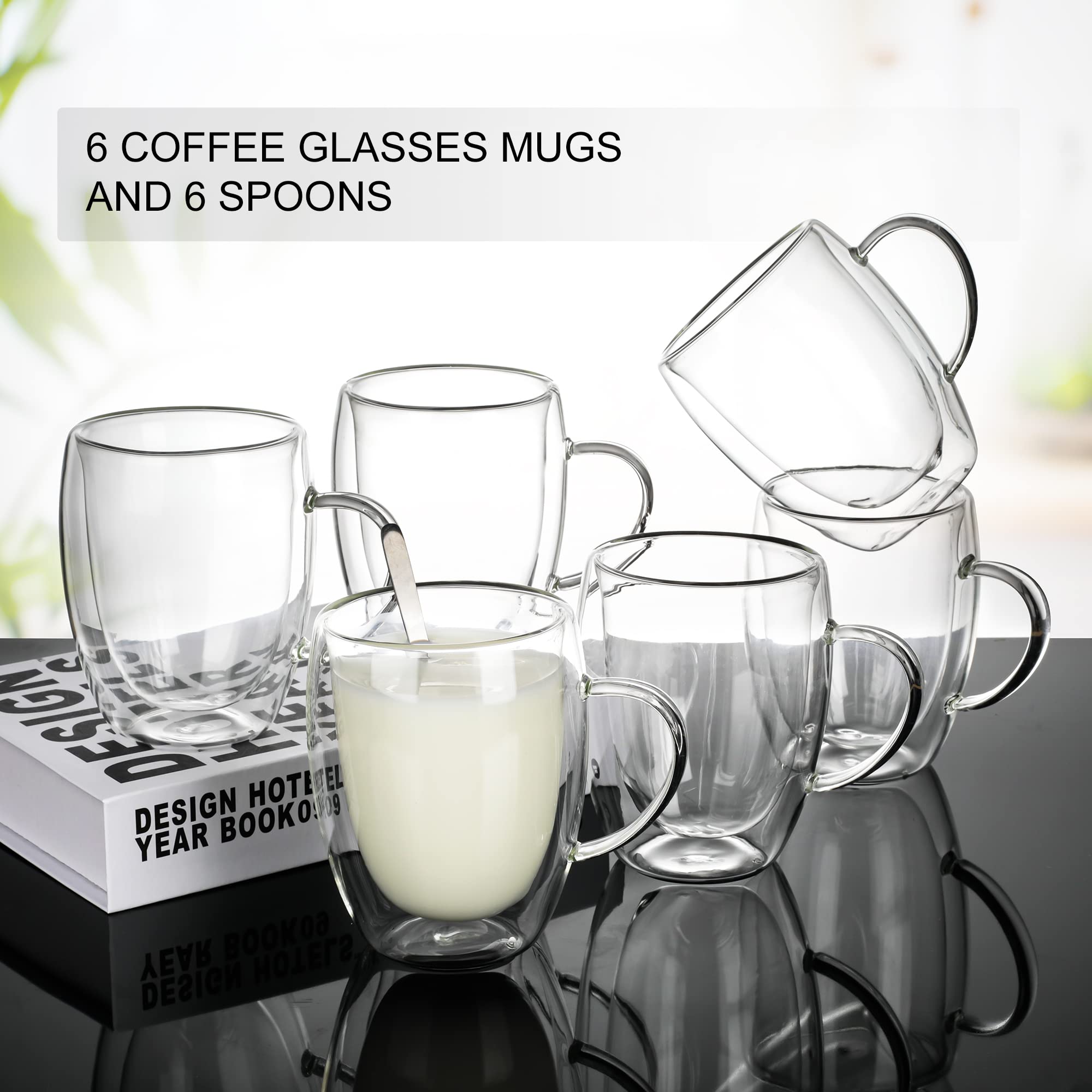 LIBWYS 6 Pack Double Walled Coffee Cups Glasses Mugs, 12oz Espresso Cappuccino Latte Tea Cups with Handle, Heat Resistant Borosilicate Clear Glasses 350ml