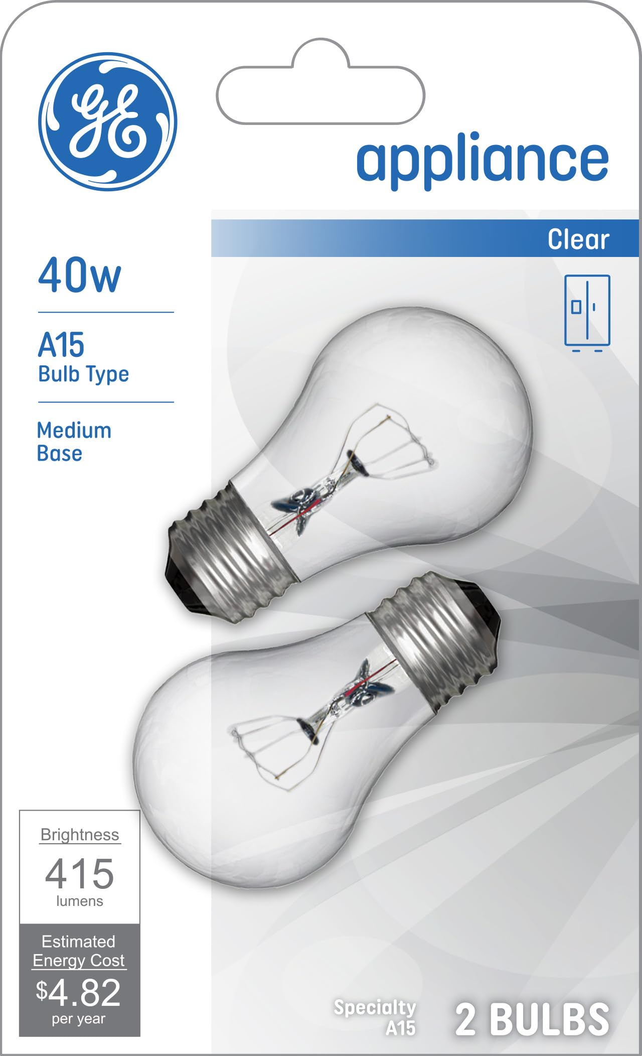 GE Appliance Clear Light Bulb 40w, A15 Bulb Type, Medium Base | 415 Lumens | 2-Count per Pack (1-Pack)