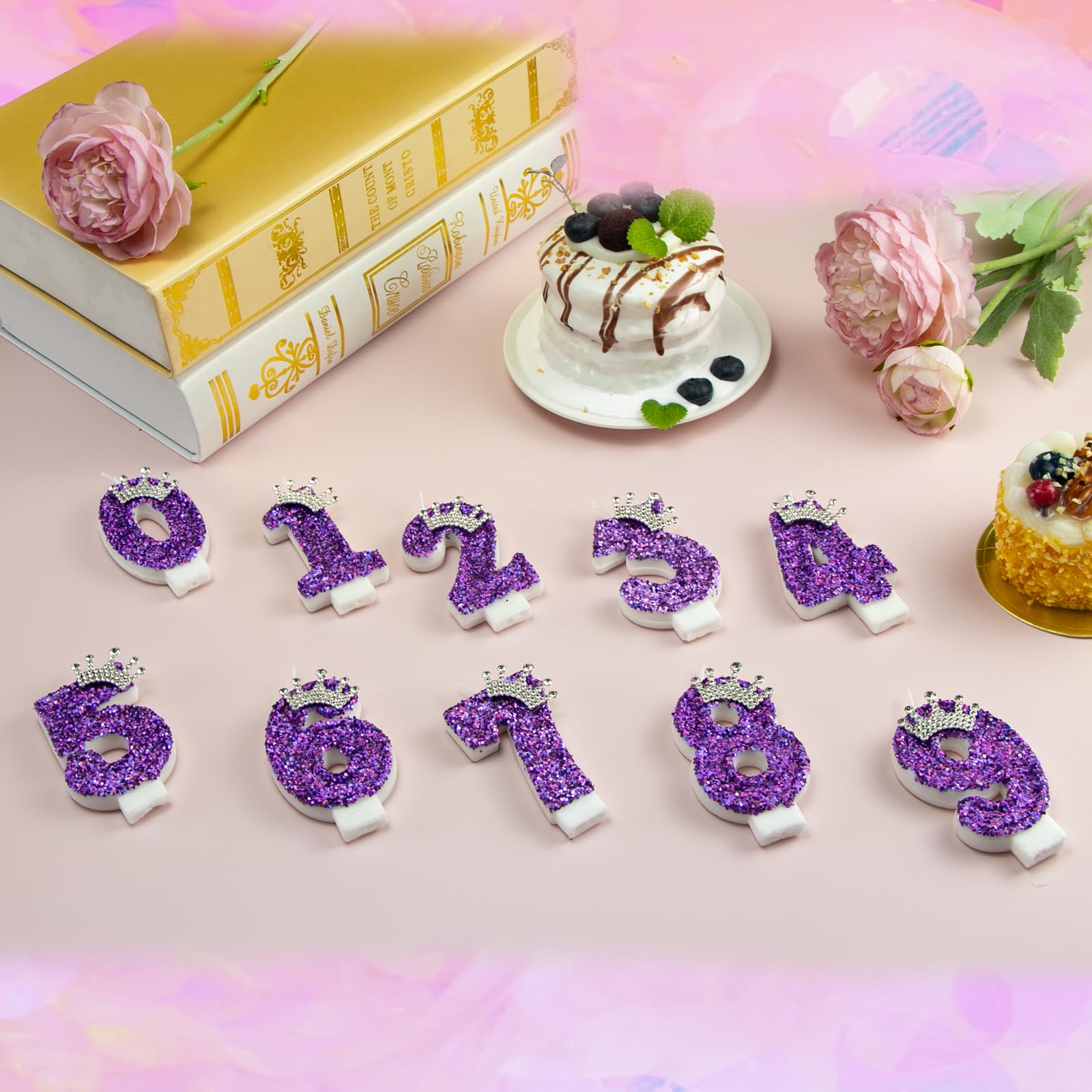 Birthday Number Candles,Purple Crown Birthday Candles for Cake,Glitter Number 7 Candle Cake Topper with Sequins for Anniversary Celebrations Supplies (Number 7)