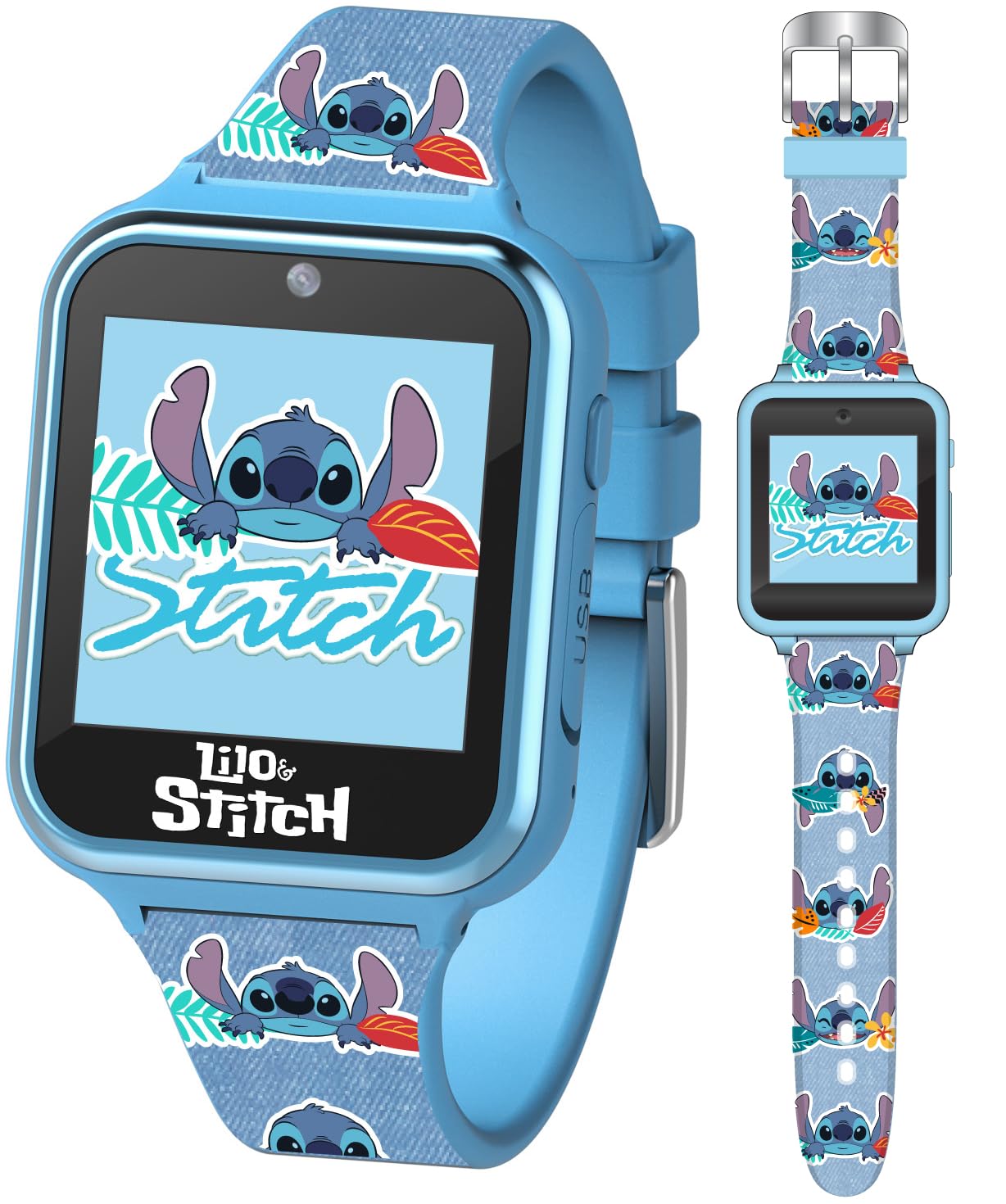 Disney Stitch Kids Smart Watch with 10 Customizable Faces, Camera, Voice Recorder, Alarm, Calculator, and Step Counter – Touchscreen Interactive Watch for Kids – Colorful Silicone Strap