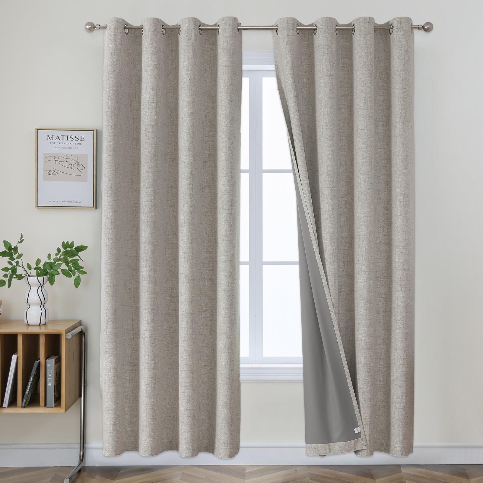 Joydeco 100% Blackout Curtains 96 Inches Long 2 Panels Set, Linen 96 Inch Blackout Curtains 2 Panels, Room Darkening Textured Curtains for Bedroom Living Room Window (52x96 inch,Greyish White)
