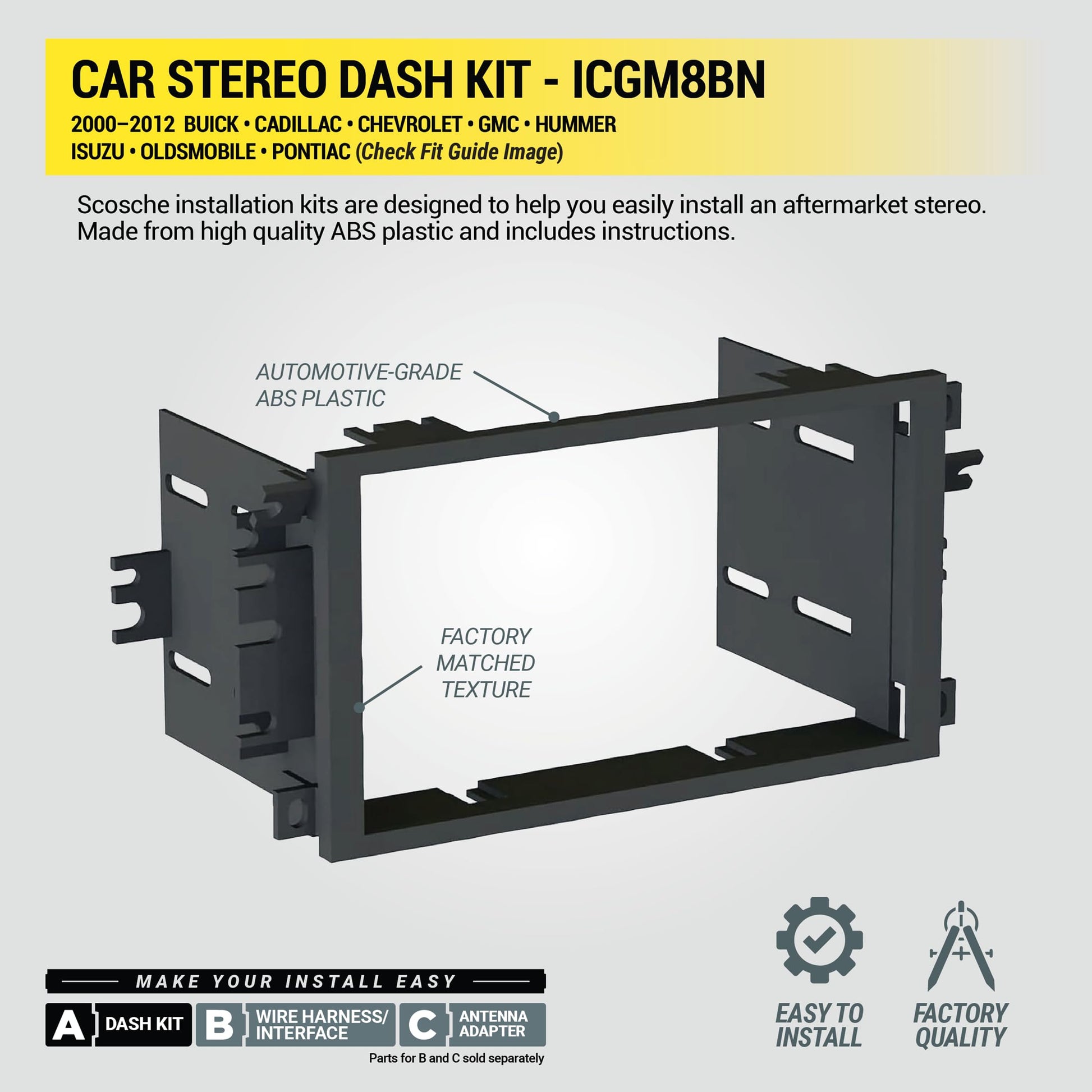 Scosche ICGM8BN Double DIN Radio Installation Dash Kit Compatible with Select 1992-2012 General Motors Vehicles - Complete Basic Aftermarket Car Stereo Install Kit - See Fit Guide Image for Vehicles