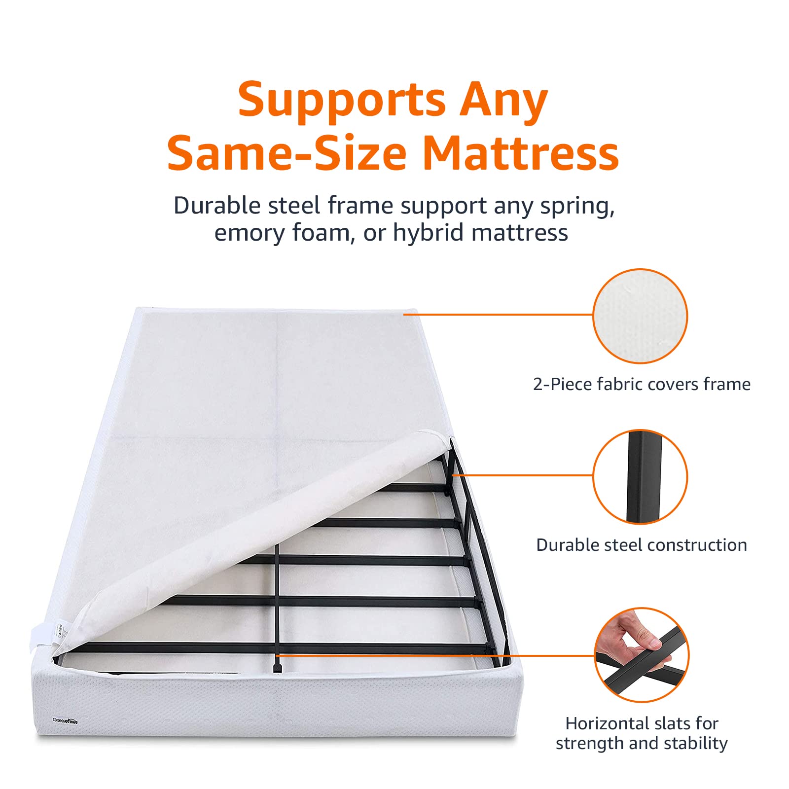 Amazon Basics Smart Box Spring Bed Base, 5-Inch Height Mattress Foundation, Tool-Free Easy Assembly, Queen, 79"L x 59.5"W x 5"H, White