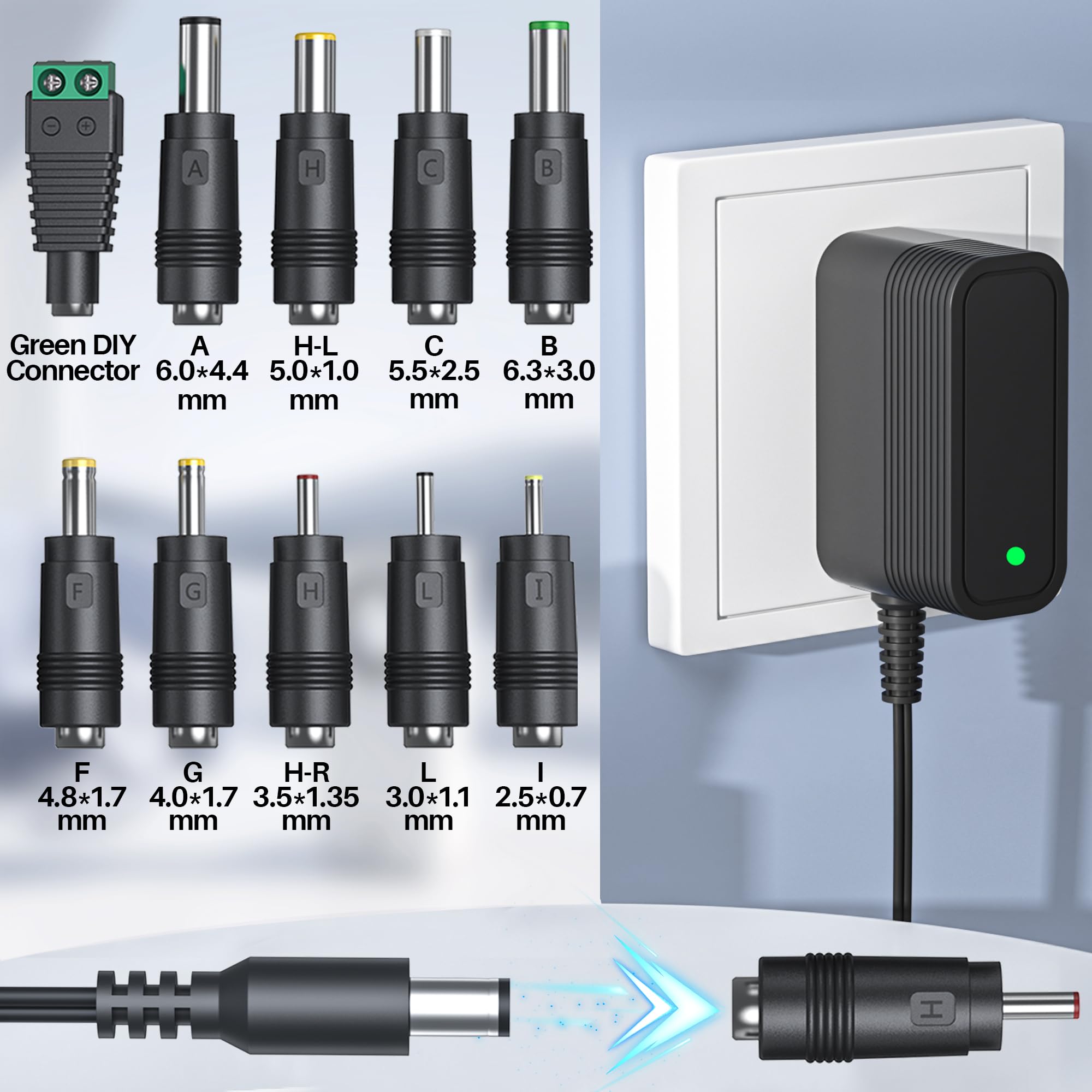 9V Power Supply AC Adapter DC 9V Power Cord Universal Power Adapter 9V Charger with 10 Interchangeable Jacks Compatible with 1000mA 900mA 800mA 700mA 600mA 500mA 400mA 300mA 200mA 100mA Electronics