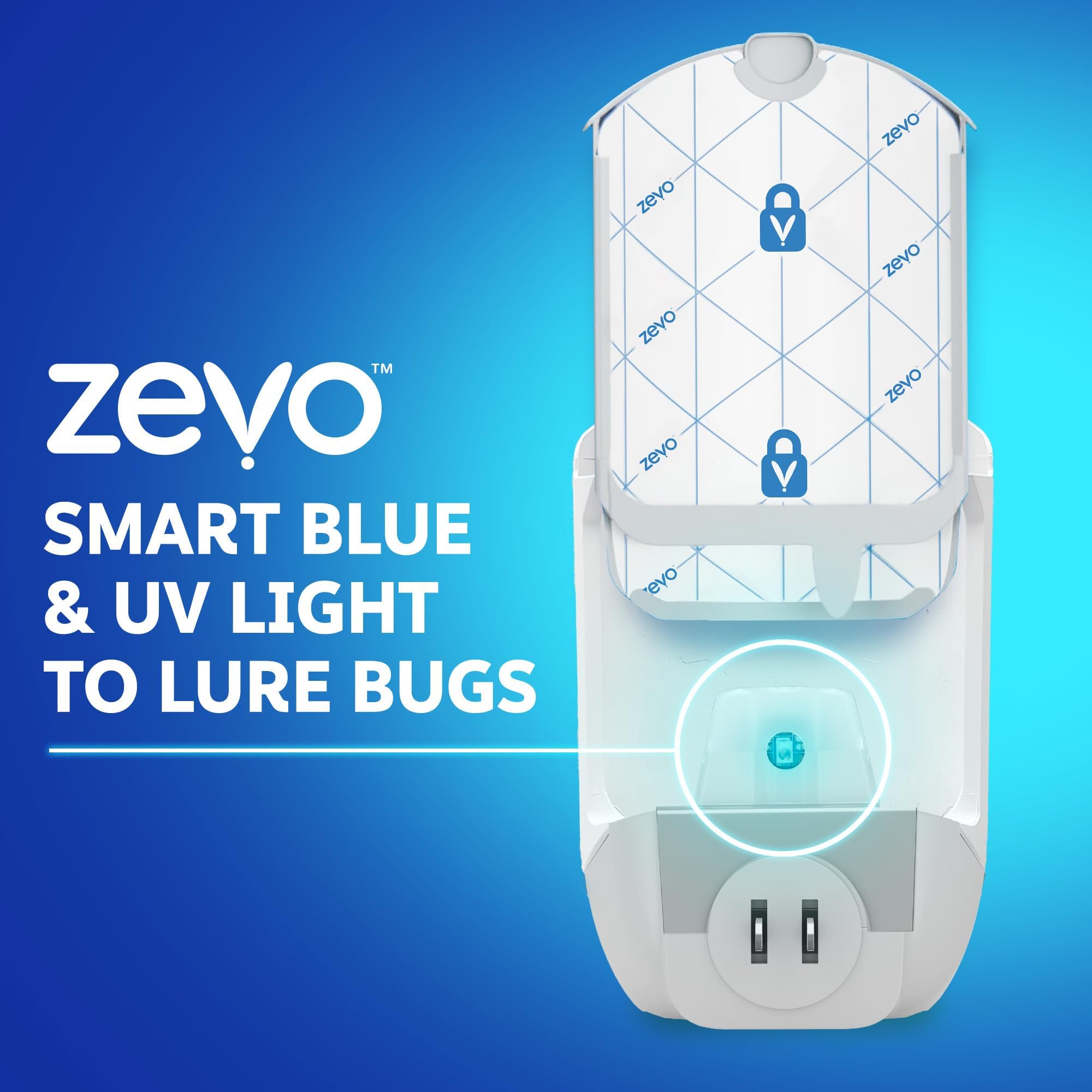 Zevo Fluginsektenfalle & Kartusche – Elektrische Fliegenfalle & Insektenfänger für innen bei Mücken, Stuben- & Fruchtfliegen – Saubere Anwendung – Für jeden Raum geeignet – Mit blauem & UV-Licht (1 Steckgerät & 1 Kartusche)