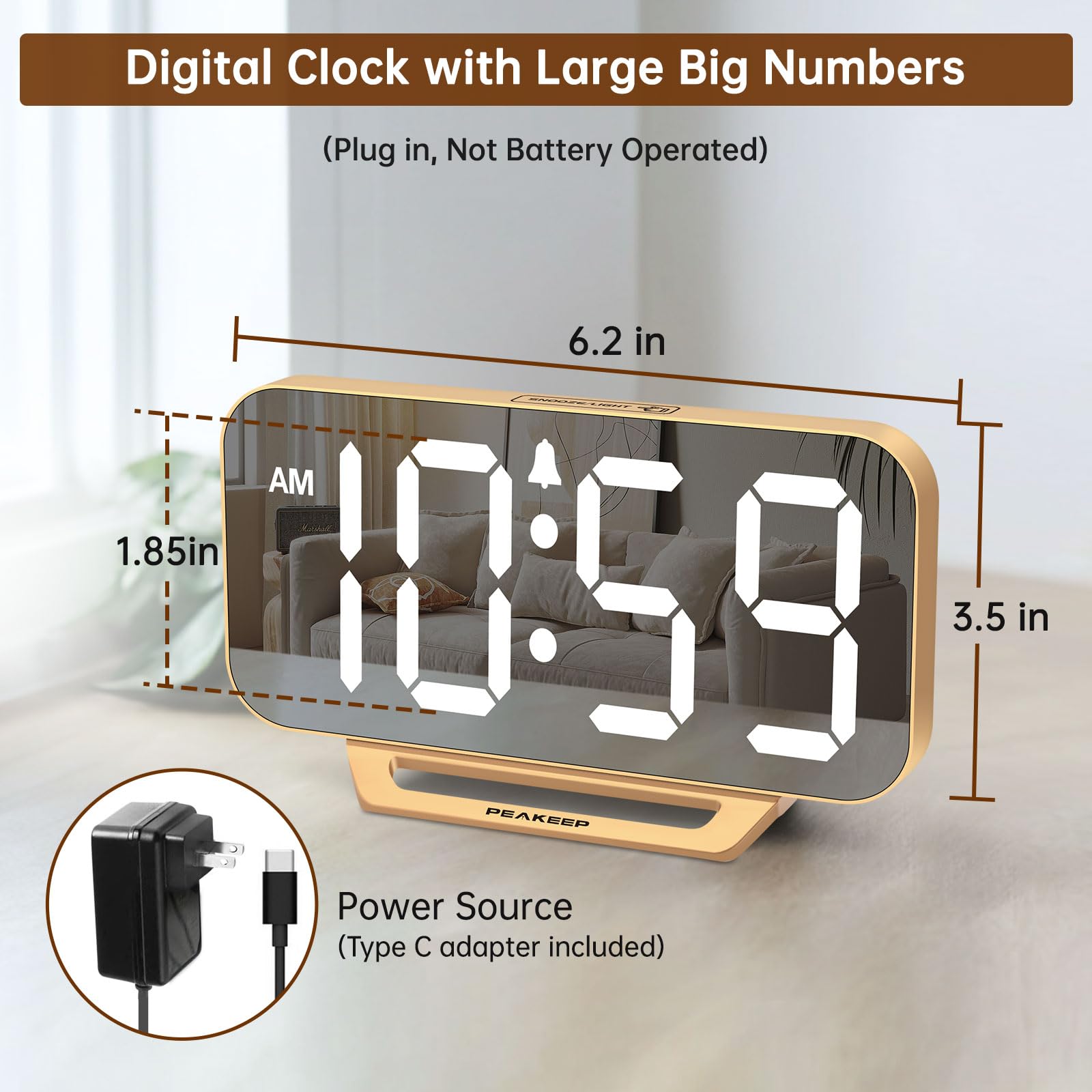 Peakeep Slim Digital Mirror Aesthetic Alarm Clock for Bedrooms Desk Decor - Plug in Electric Big LED Modern Small Clock for Office Living Room, Battery Backup, 6 Dimmers (Gold)