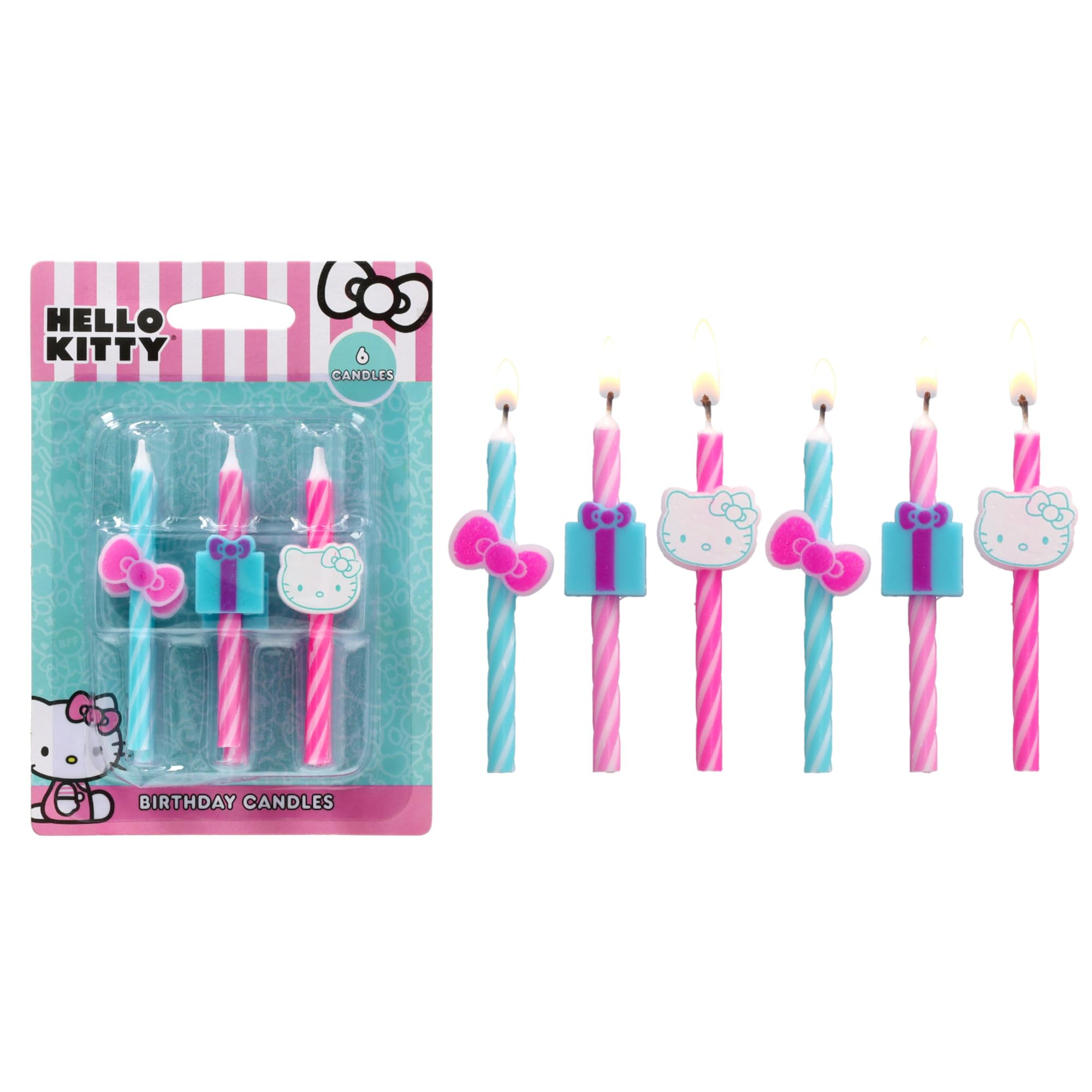 Hello Kitty Birthday Cake Candles | 6 Birthday Candles for Cake Decorations, Pink & Blue Striped Candles, Cupcake Toppers for Hello Kitty Party