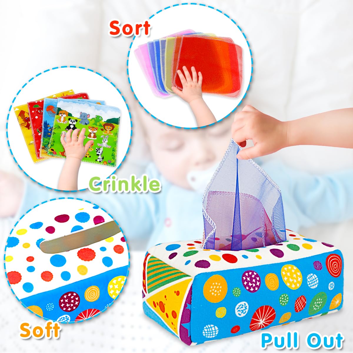 Aiduy Baby Toys 6 to 12 Months - Baby Tissue Box Toys Montessori Toys for Babies 6-12 Months Soft Crinkle Infant Sensory Toys for 1 Year Old Early Learning Toys Baby Boys Girls Gifts