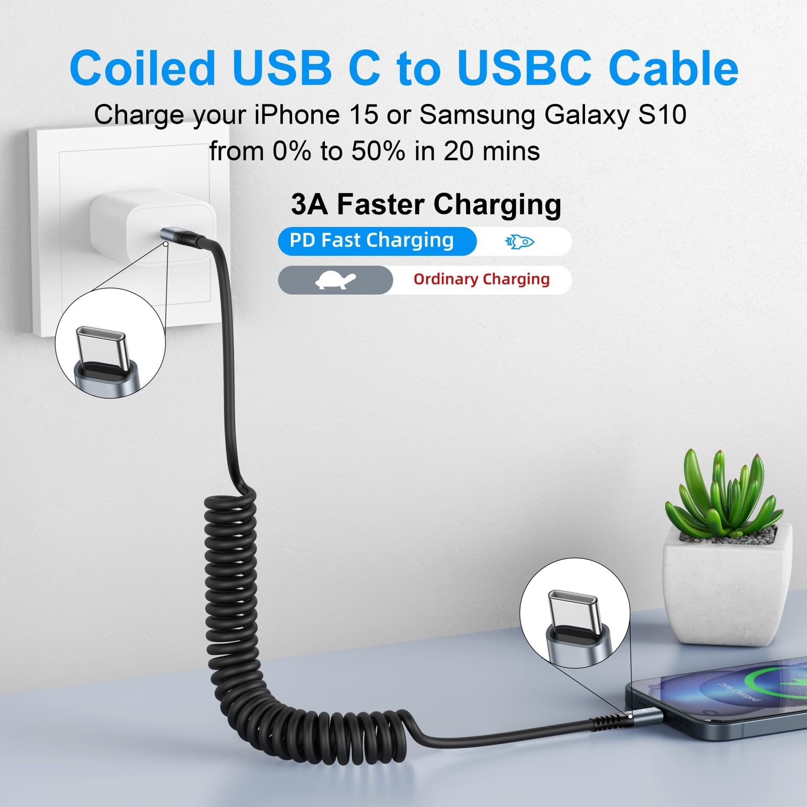 USB C to C Cable 3ft 2Pack Coiled USB C Charger Cable for Car Type C Fast Charging Cable for iPhone 17/16/15/Plus/Pro/Pro Max/Samsung Galaxy S23