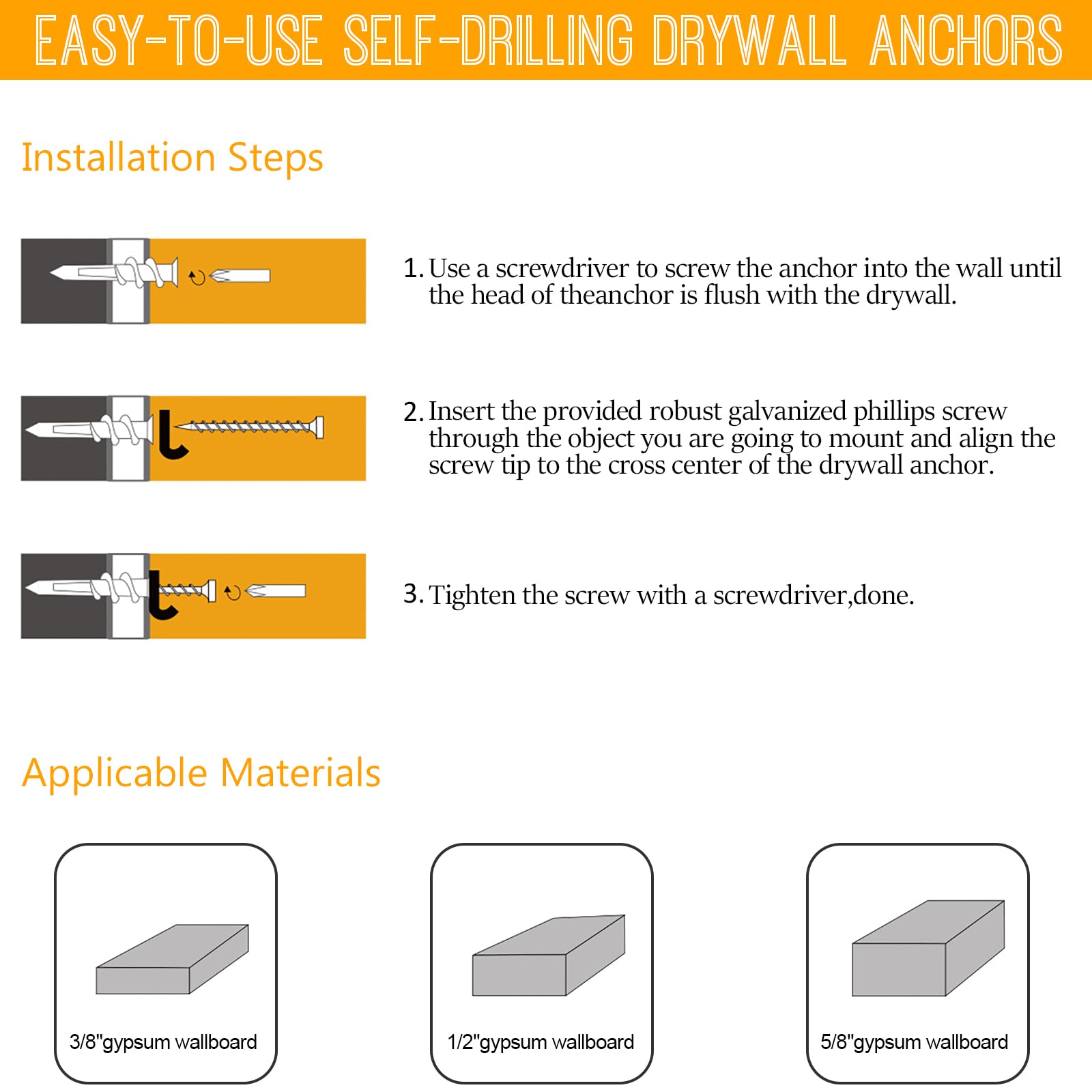 KURUI Metal Self Drilling Drywall Anchors, 116PCs Hollow Zinc Wall Anchors and Screws Kit, 58 Heavy Duty Sheetrock Anchors + 58#6 x 1-1/4'' Screws, 50LB Hanging and Mounting