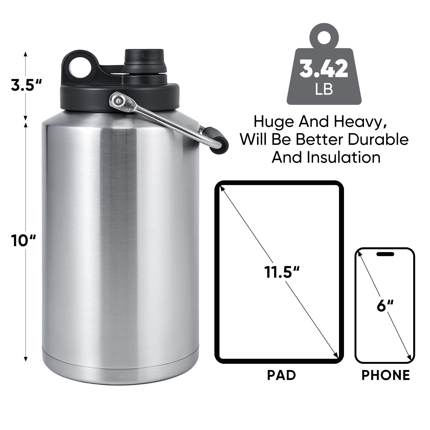 Kerilyn Insulated Gallon Jug with Handle, One Gallon, 128oz Stainless Steel, Large Double Vacuum Water Bottle for Hot & Cold Drinks, Wide Mouth, Sweat Proof, Great for Travel, Camping, Stainless