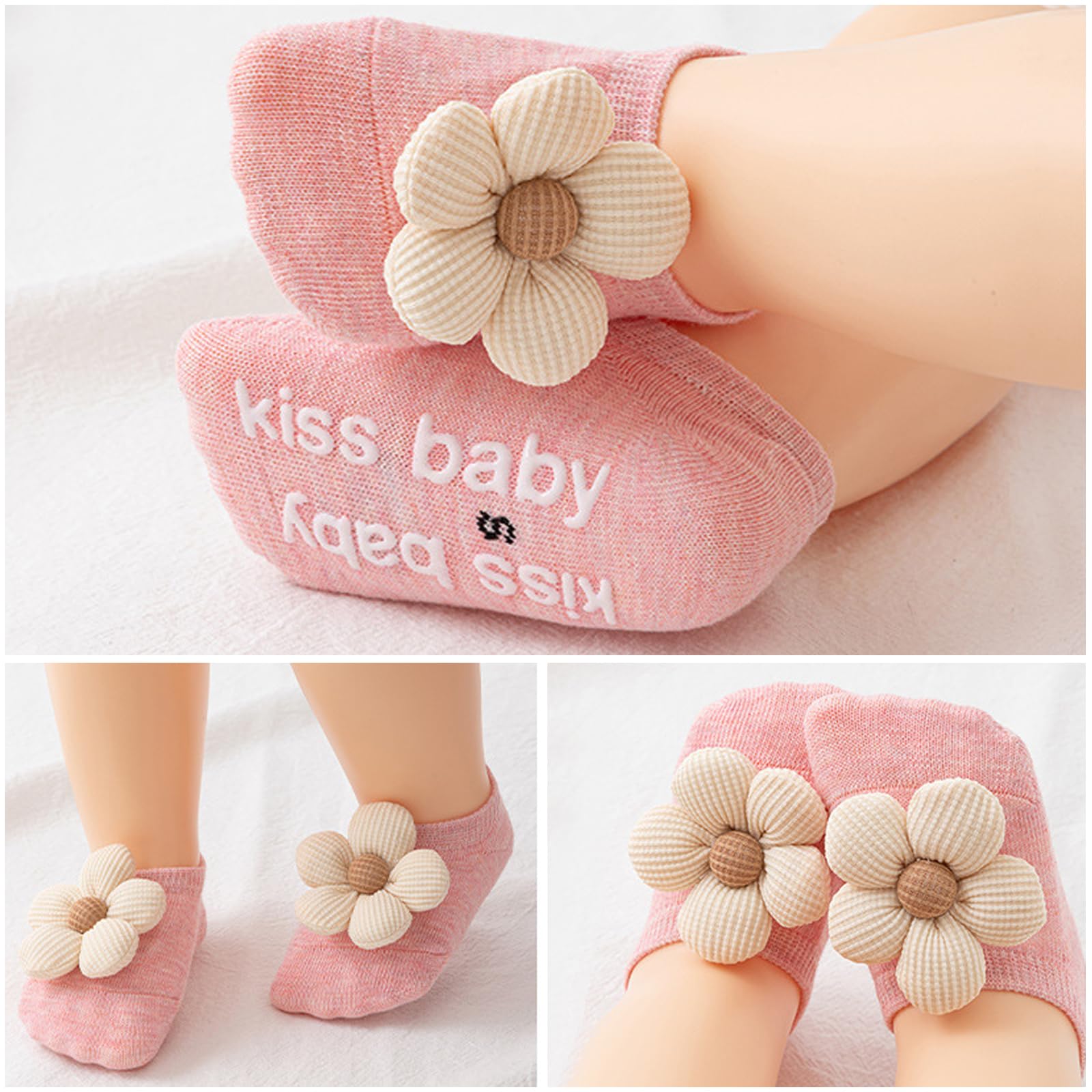 KEAINVRN 4Packs Baby Girls Socks,Flower Non-Slip Grips for Babies Toddler Princess Low Cut Socks Baby Christmas Gifts (US, Age, 0 Months, 6 Months, multicolor)