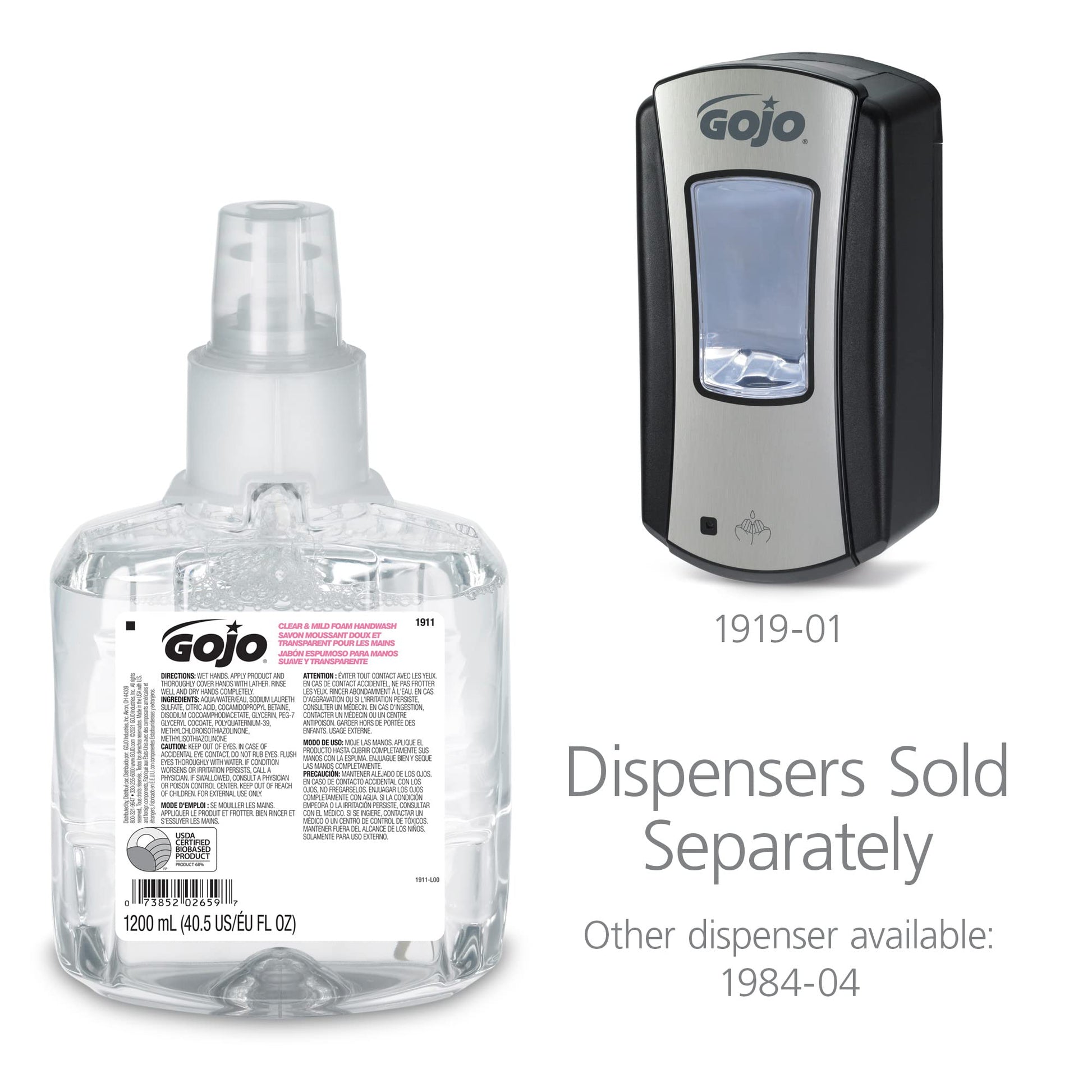 GOJO Clear & Mild Foam Handwash, EcoLogo Certified, 1200 mL Foam Hand Soap Refill LTX-12 Touch-Free Dispenser (Pack of 2) - 1911-02