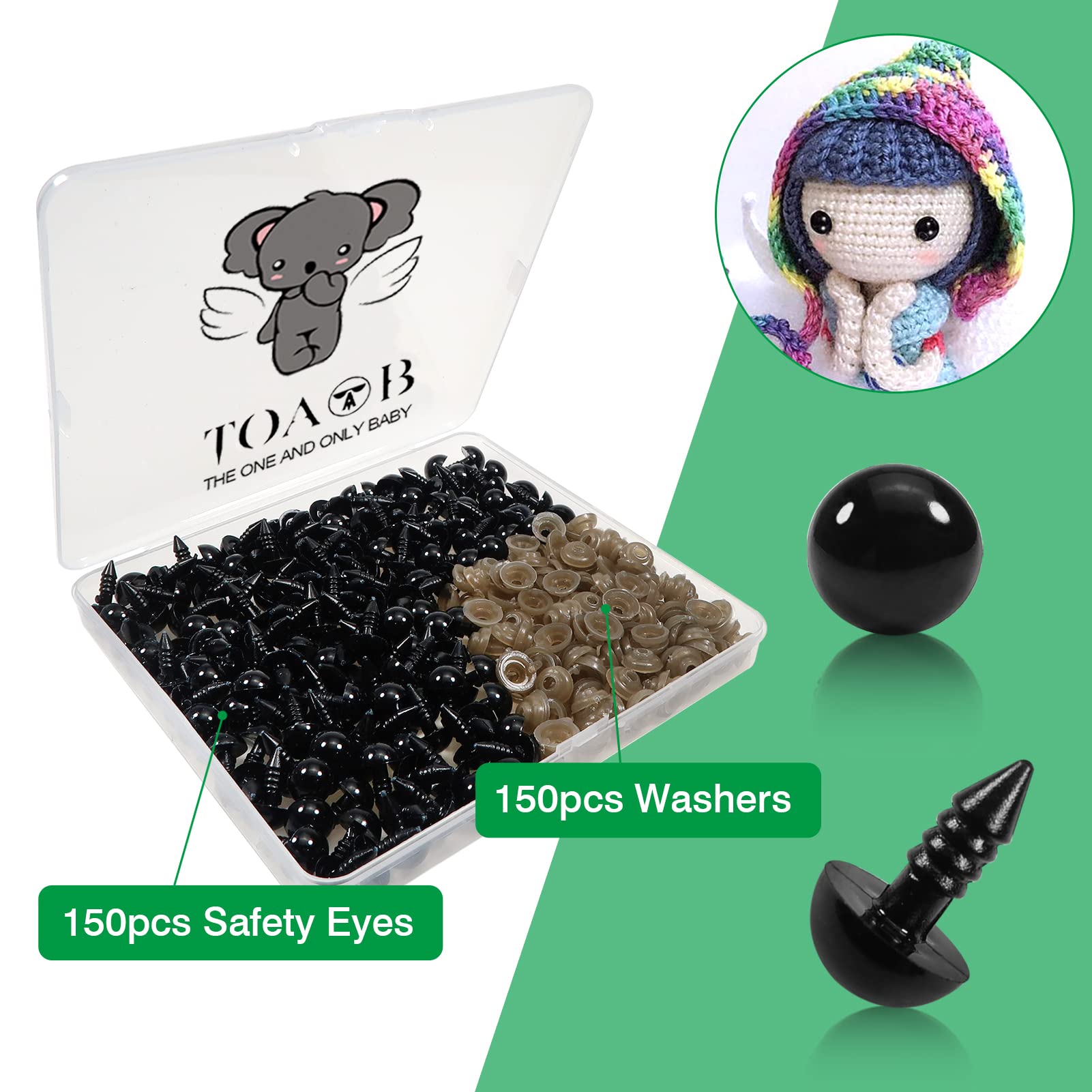 TOAOB 150pcs 8mm Black Plastic Safety Eyes Crafts Safety Eyes with Washers for Stuffed Animals Amigurumis Crochet Bears Doll Making