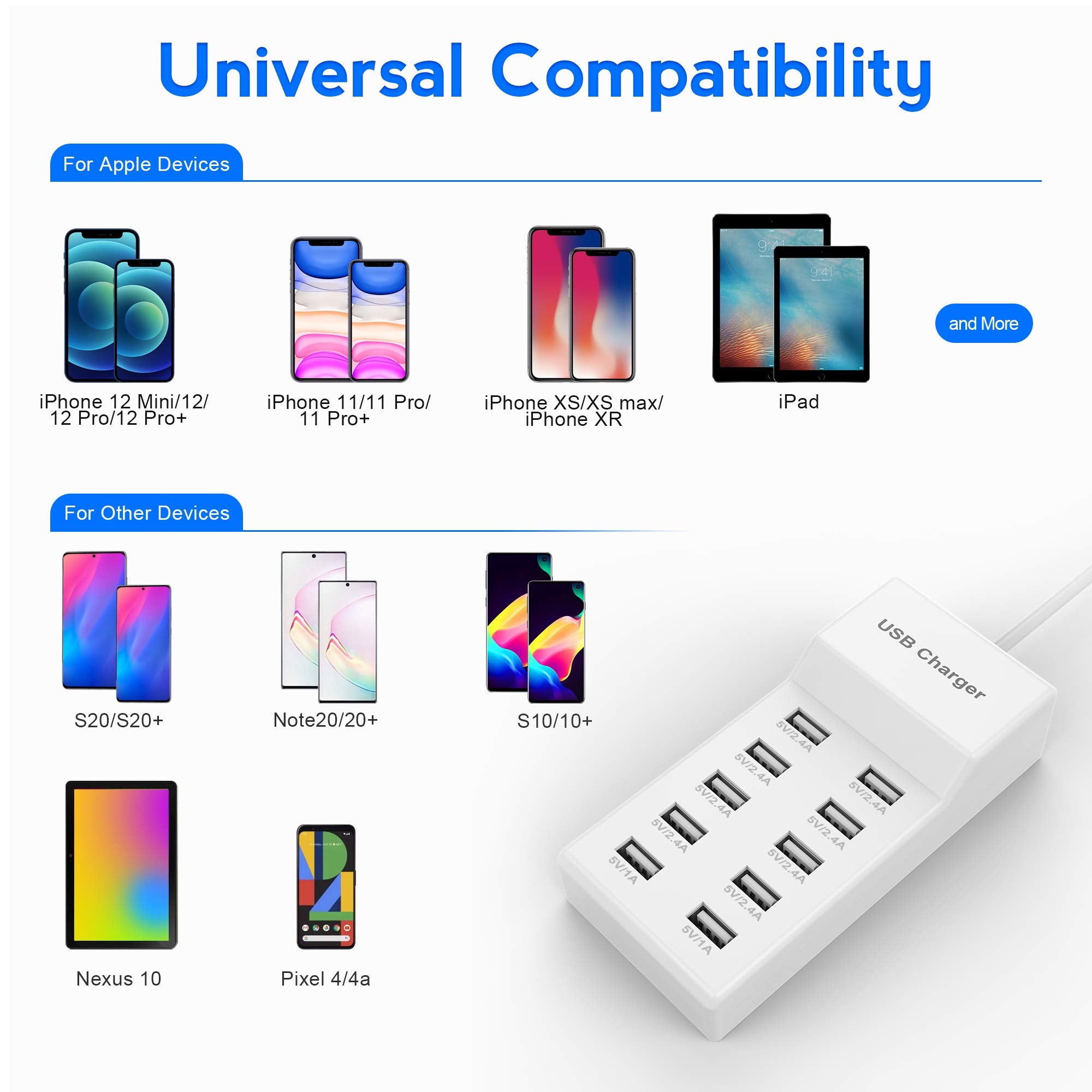 USB Charger Station Block with Rapid Charging Auto Detect Technology Safety Guaranteed 10-Port Family-Sized Smart USB Ports for Multiple Devices Smart Phone Tablet Headphones