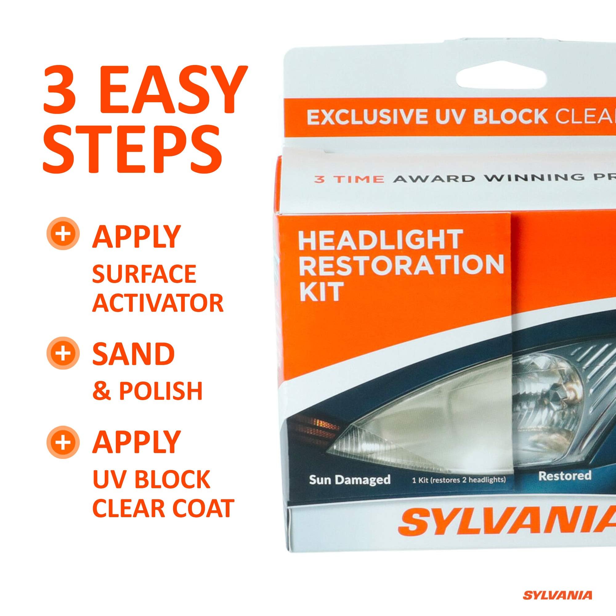 SYLVANIA Headlight Restoration Kit - Long-Lasting Headlight Repair Kit for Restoring to Like-New Condition - Surface Activator, Exclusive UV Coating, Clarifying Compound & More - No Tools Required