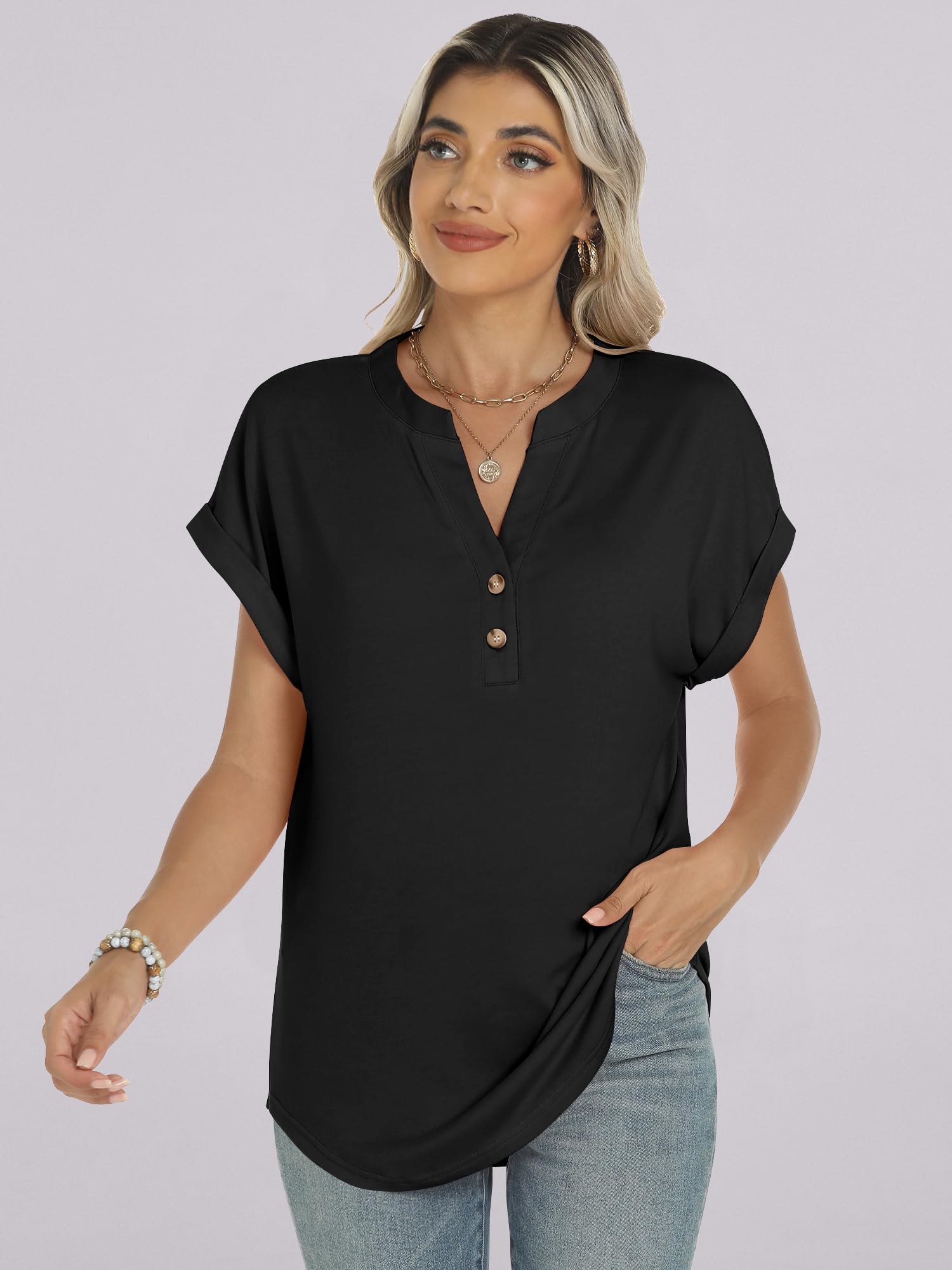 ANRABESS Womens Short Sleeve Henley Tops V Neck Dressy Casual Blouses Summer Trendy Tee Shirts 2025 Vacation Fashion Clothes Black XL