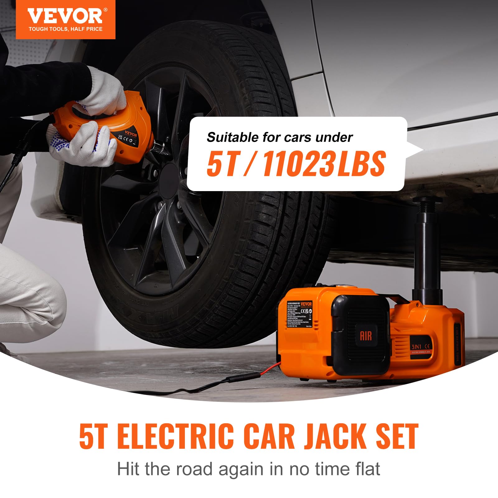 VEVOR Electric Car Jack, 5 Ton/11023 LBS Hydraulic Jack Lift with Electric Impact Wrench, Built-in Inflatable Pump, and LED Light for SUV MPV Sedan Truck Change Tires Garage Repair