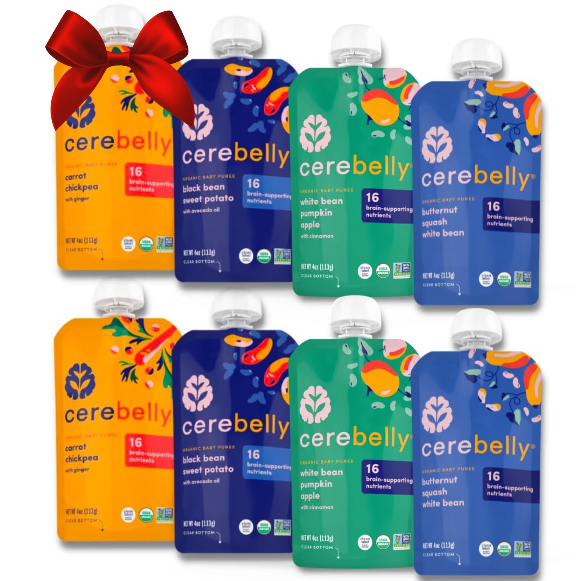 Cerebelly Baby Food Pouches - Organic Beans & Veggies Purees Variety Pack (4 oz, Pack of 8) Toddler Snacks - 16 Brain-supporting Nutrients - Healthy Snacks, Gluten-Free, BPA-Free, Non-GMO