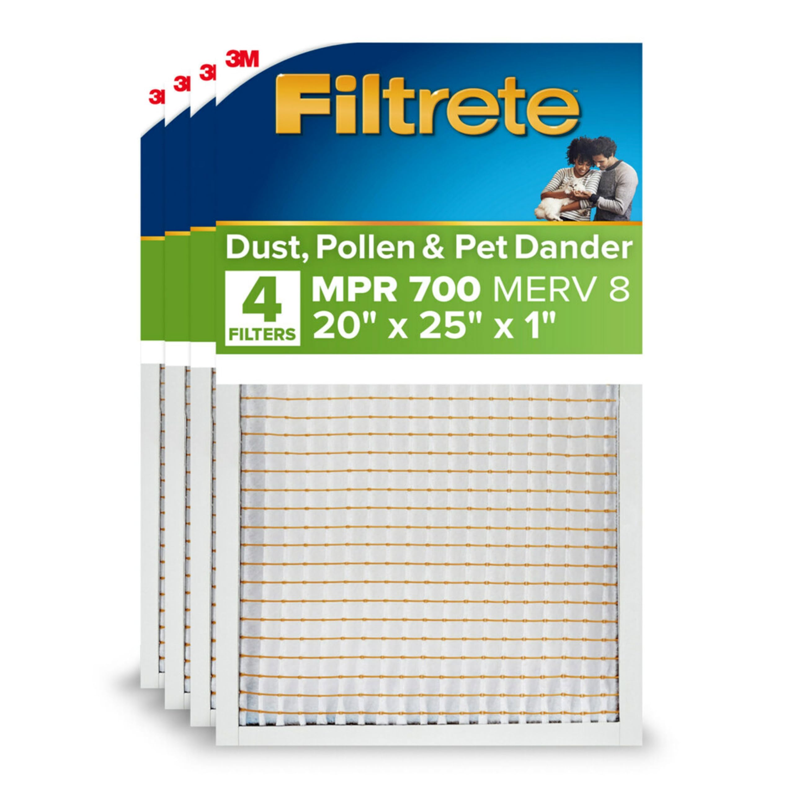 Filtrete 20x25x1 AC Furnace Air Filter, MERV 8, MPR 700, Tough on Pollen, Easy on Airflow, 3-Month Pleated 1-Inch Electrostatic Air Cleaning Filter, 4-Pack (Actual Size 19.880 x 25.563 x 0.8125 in )