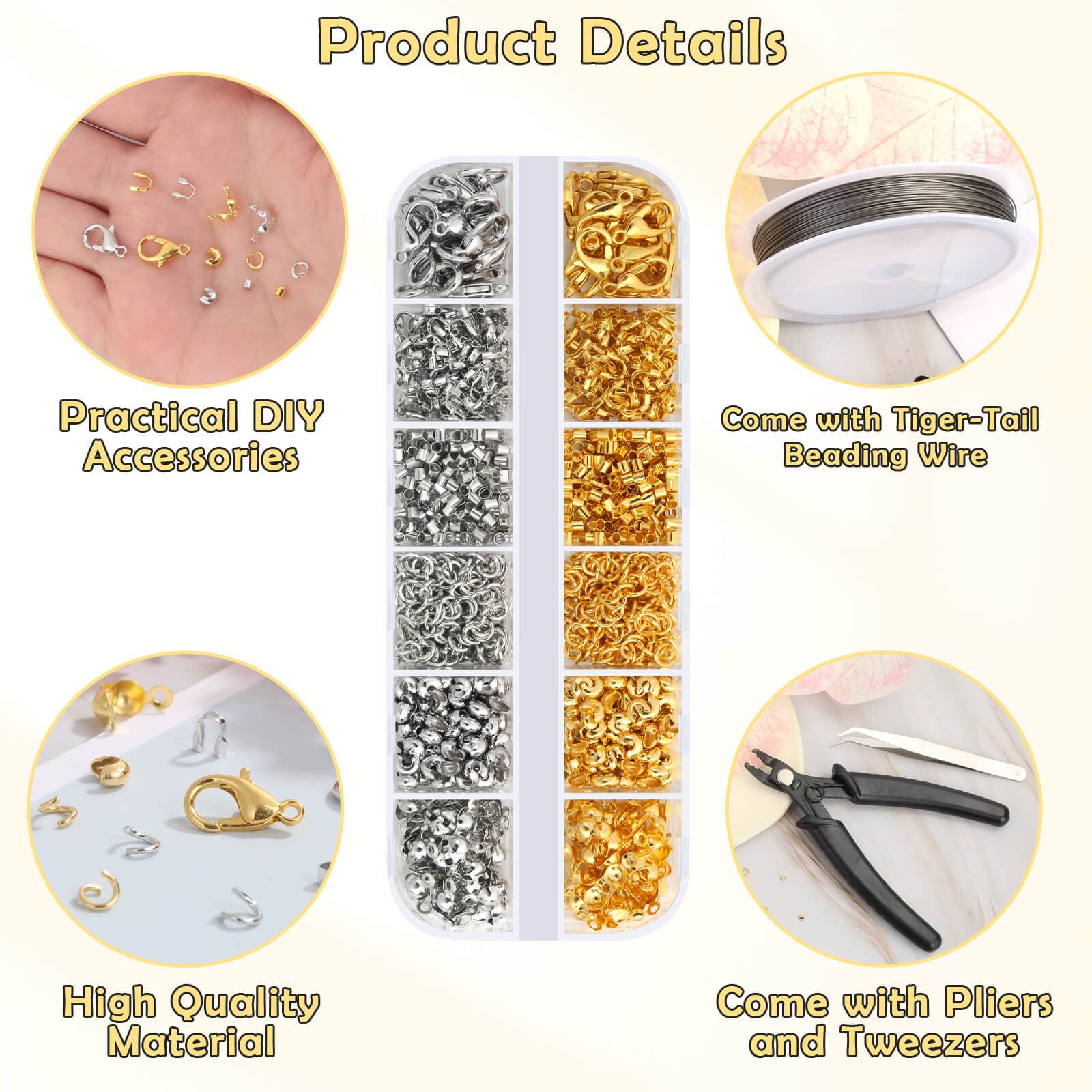 1200 Pcs Crimp Beads Kit for Jewelry Making, Acejoz Crimp Beads, Crimp Covers, Crimp Tubes and Wire Guardians, Lobster Clasps, Jump Rings, Crimping Pliers and Beading Wire for Jewelry Making