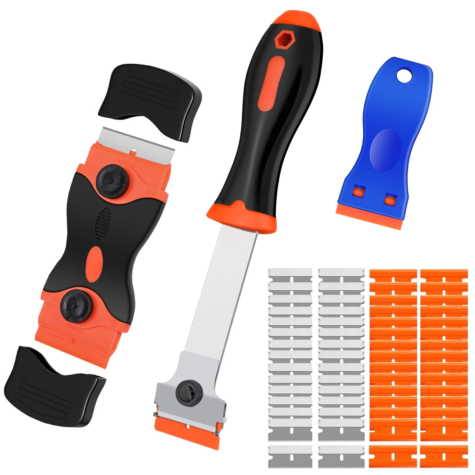Glasschaber-Werkzeug, 3er-Pack mit 50 Kunststoff- und 30 Metall-Glasschabern, Reinigungsschaber zum Entfernen von Etiketten, Zulassungsaufklebern, Tönungsfolien, Fett von Windschutzscheiben, Geräten, Glas