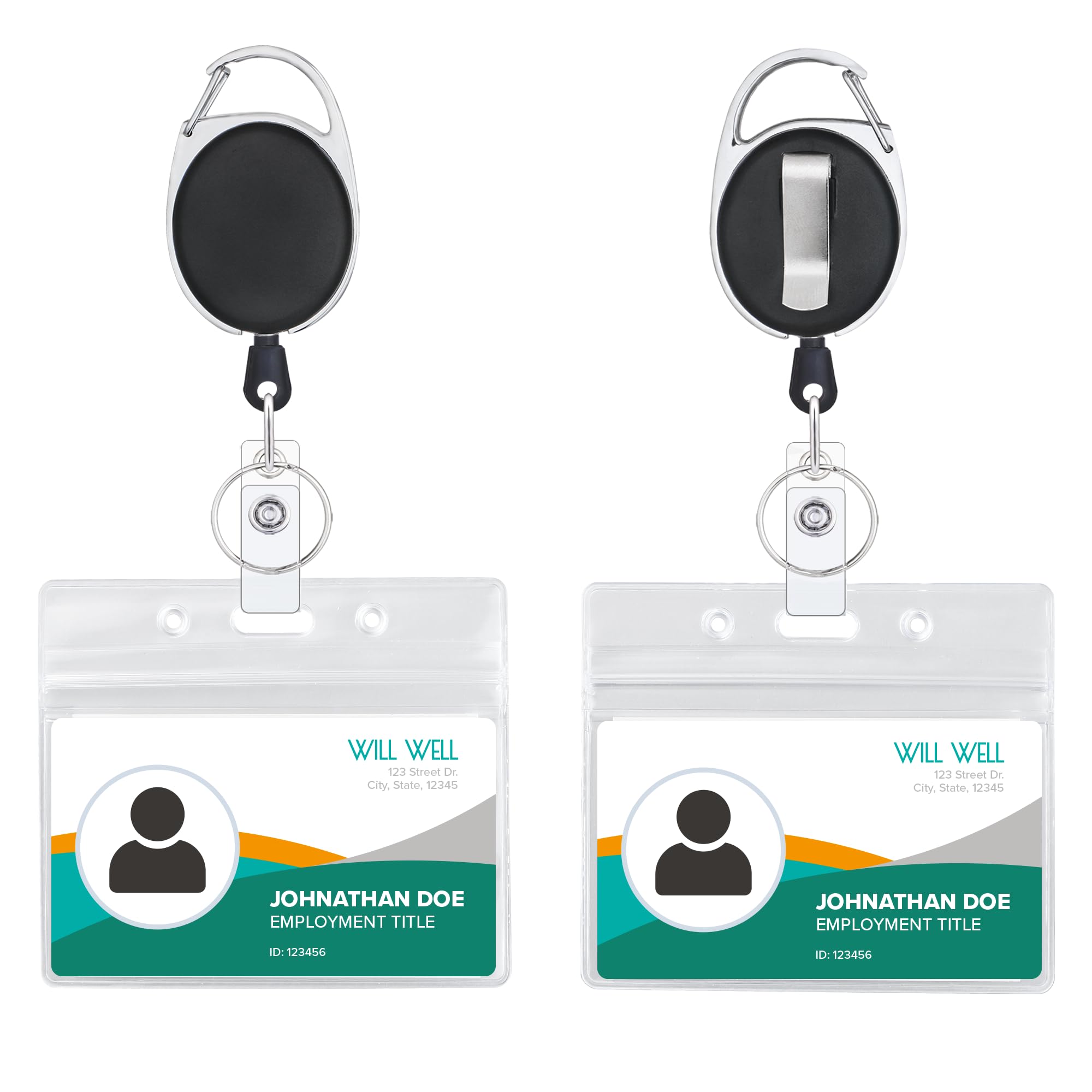 2 Pack ID Badge Holder with Clip Badge Reels Retractable Heavy Duty Clear Id Card Vertical Lanyard Holder with Carabiner Badge Reel with 24 inches Pull Cord