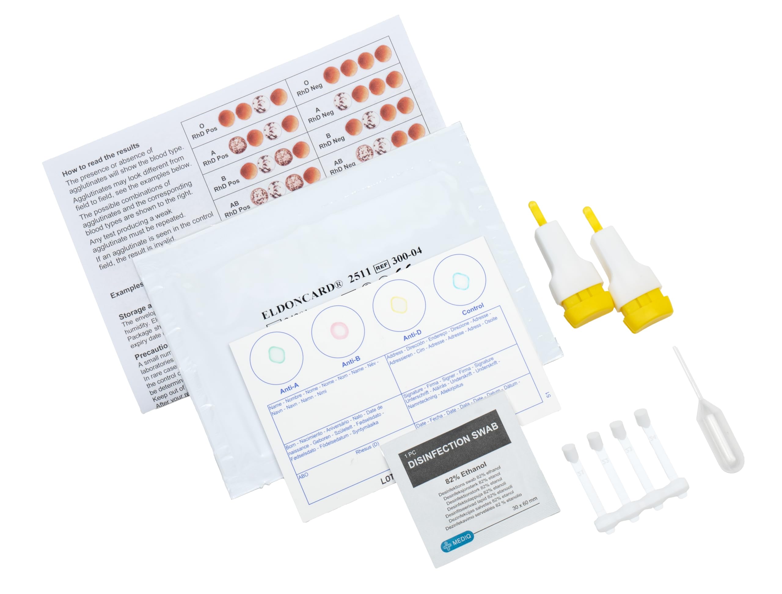 Eldoncard INC Blood Type Test (Complete KIT) - Find Out if You are A, B, O, AB & RH- Results in Minutes - Air Sealed Envelope, Safety Lancet, Micropipette, Cleansing Swab - 1 Pack