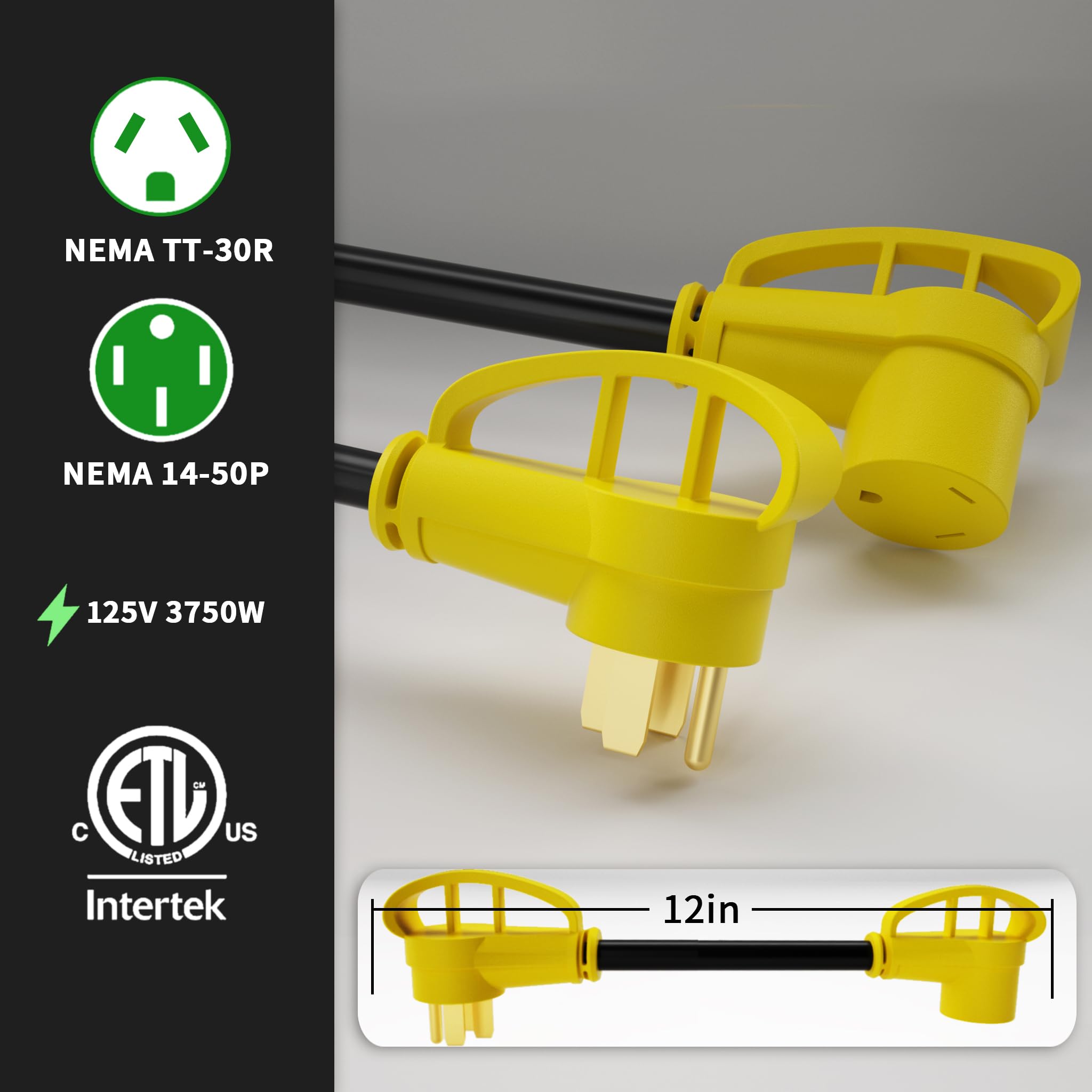 POWGRN 50 Amp to 30 Amp RV Adapter 12 inch, Heavy Duty Extension Cord 10/3 Gauge RV Electrical Adapter, NEMA 14-50P Male to NEMA TT-30R Female, STW 30AWG 30A 125V 3750W, Black-Yellow, ETL Listed