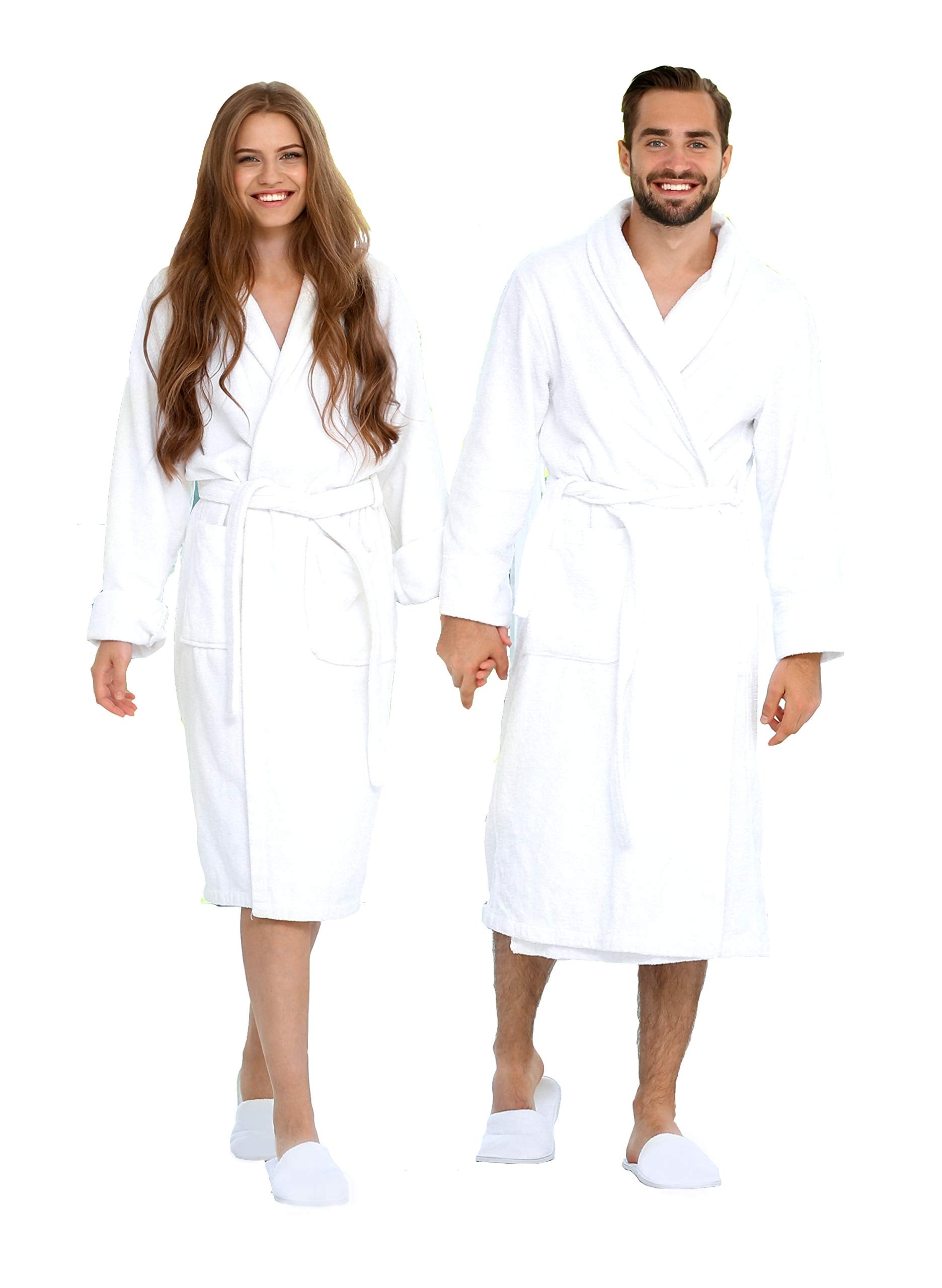 BIOLINEN 100% Cotton Terry Shawl Collar Bathrobe with Slippers – One Robe, Plush Spa Robe for Men & Women, Unisex One Size, White