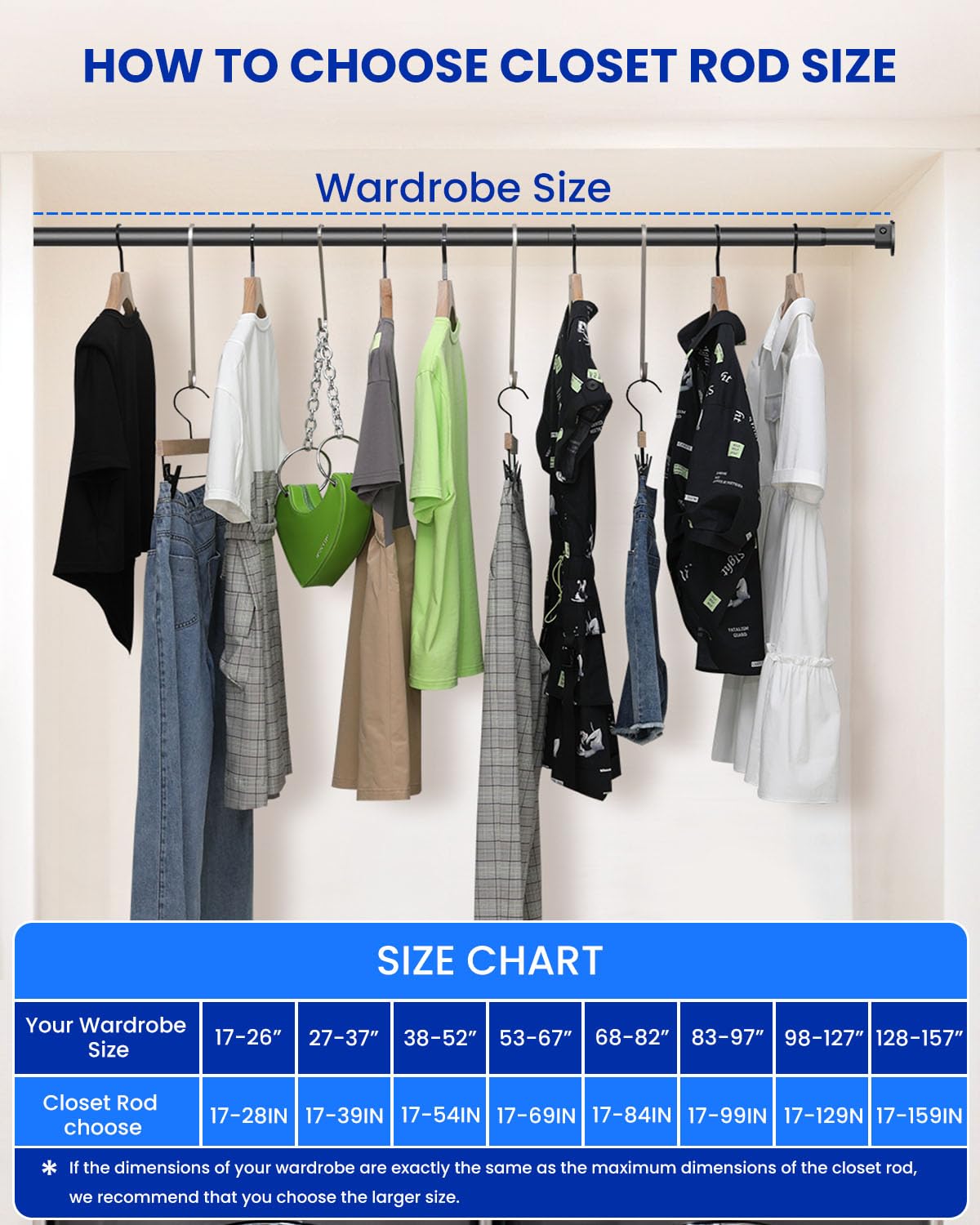 Supforce Closet Rods for Hanging Clothes, 17 to 84 Inches Stepless Adjustable Metal Closet Rod, 1.3 Inches Heavy Duty Clothes Hanging Rod for Closet Wardrobes Laundry RV