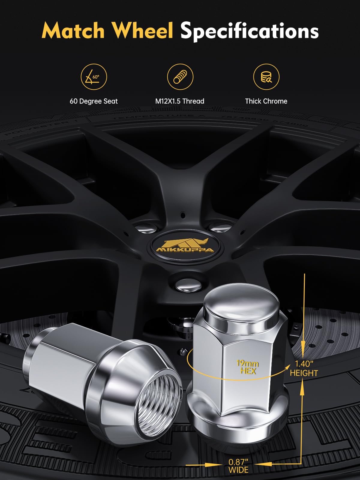 MIKKUPPA M12x1.5 Lug Nuts - Replacement for 2006-2020 Ford Fusion, 2000-2019 Focus, 2001-2023 Escape Aftermarket Wheel - 20pcs Chrome Closed End Lug Nut