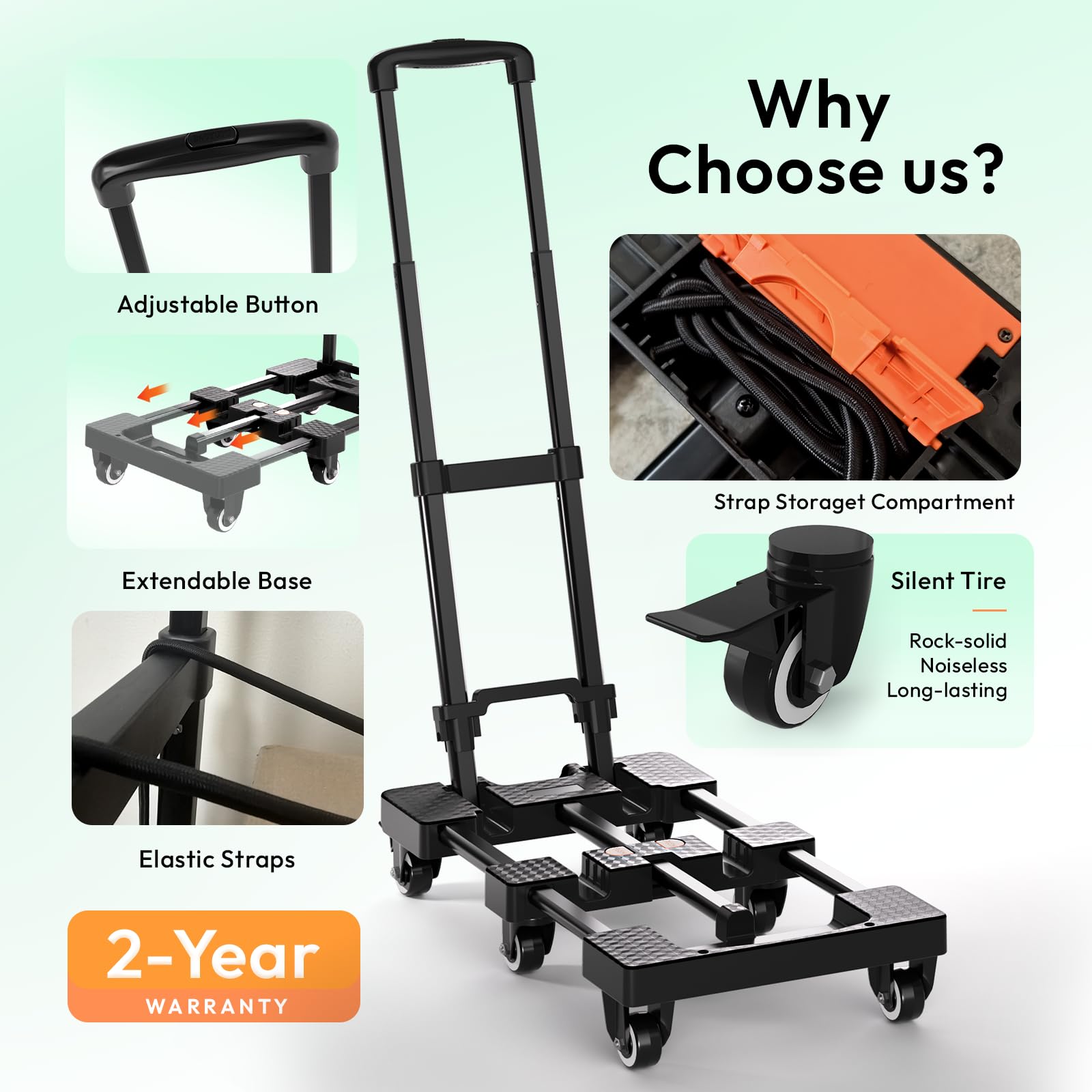 Voipvvii Folding Hand Truck 500lbs, Portable Heavy Duty Dolly Cart, 6 Wheels Collapsible Luggage Cart with 2 Elastic Ropes - Compact Trolley Cart for Easy Moving - Ideal Hand Cart for Travel and More
