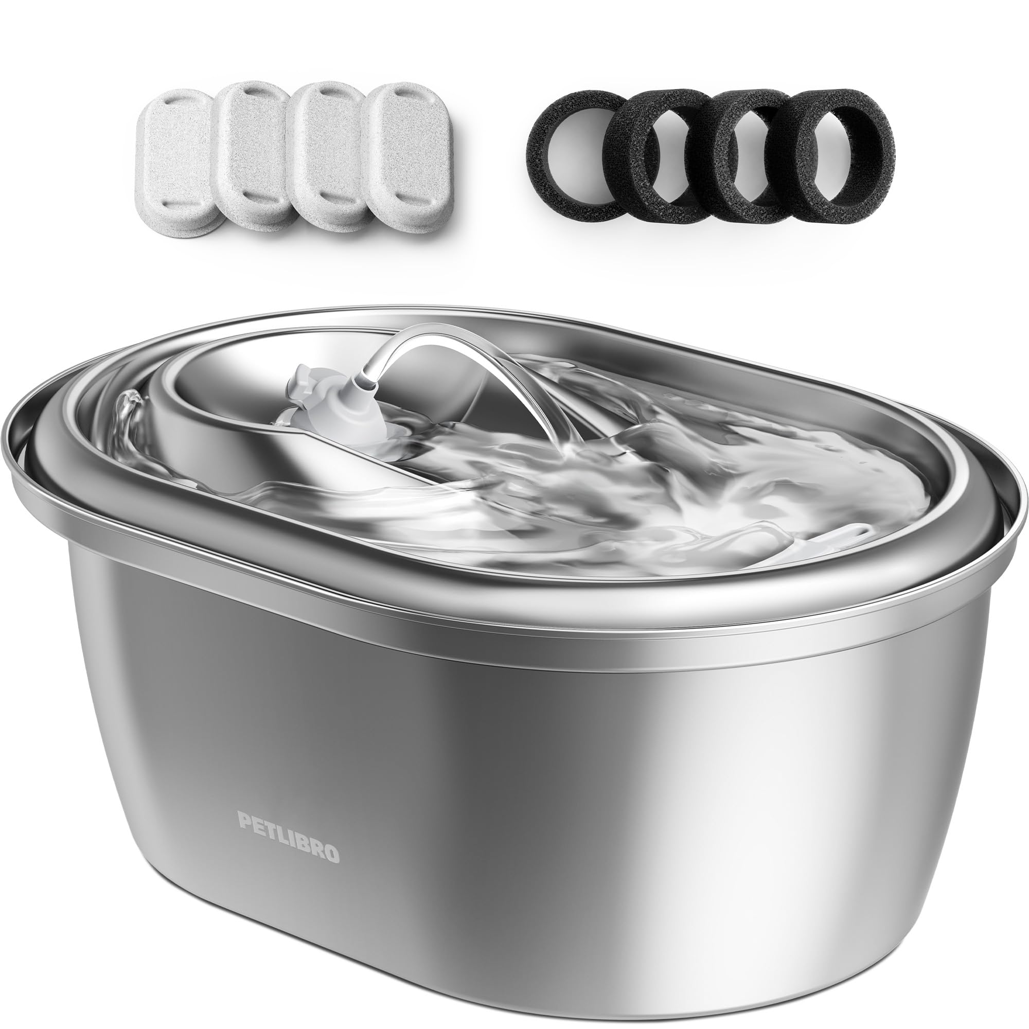 PETLIBRO 4 Pack Replacement Filters for Stainless Steel Cat Water Fountain PLWF003 / PLWF006, Adjustable Water Flow Pet Fountain, Super Quiet Dog Water Dispenser