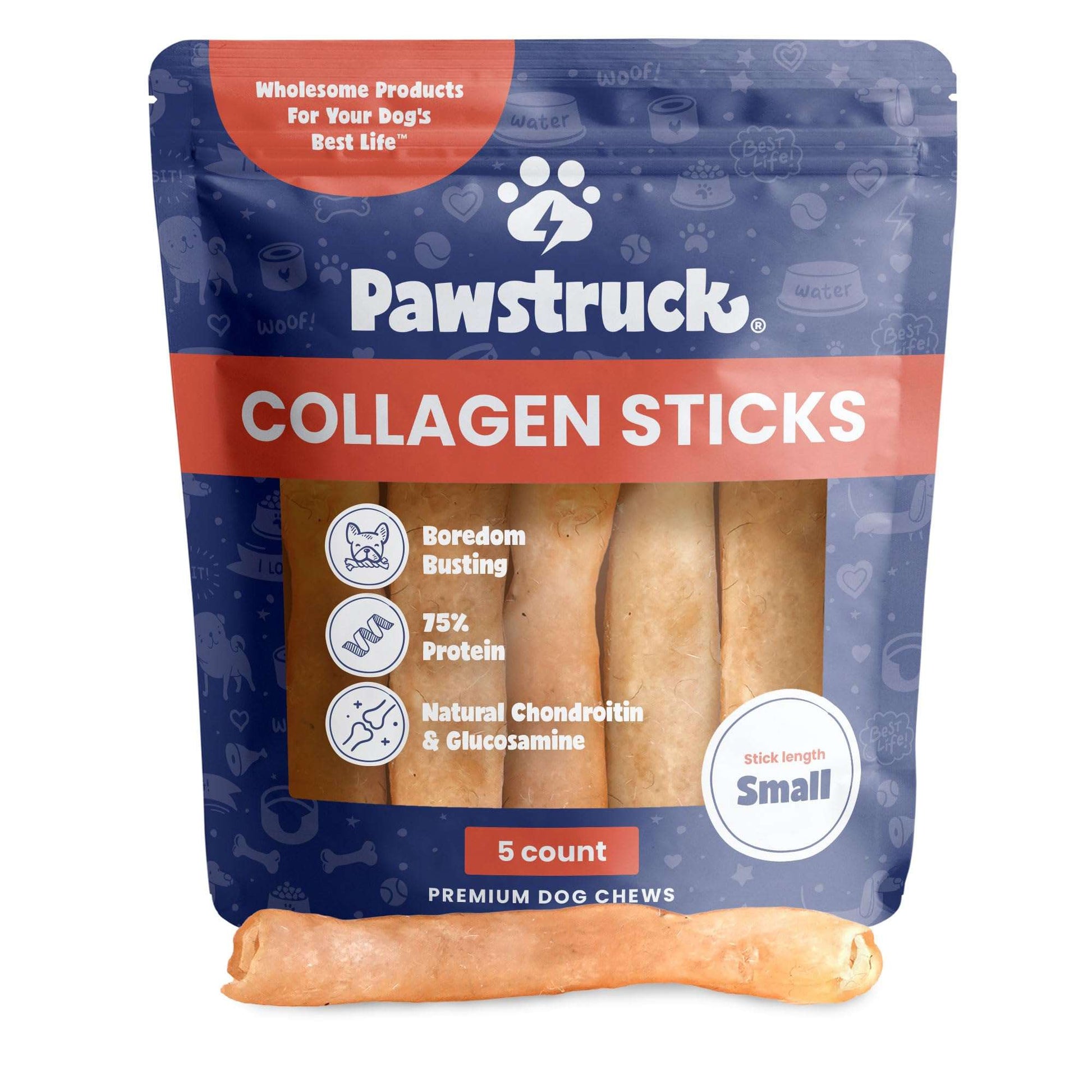 Pawstruck Natural Large 12" Beef Collagen Sticks for Dogs - Healthy Long Lasting Alternative to Traditional Rawhide - High Protein Treats w/Chondroitin & Glucosamine - 5 Count - Packaging May Vary