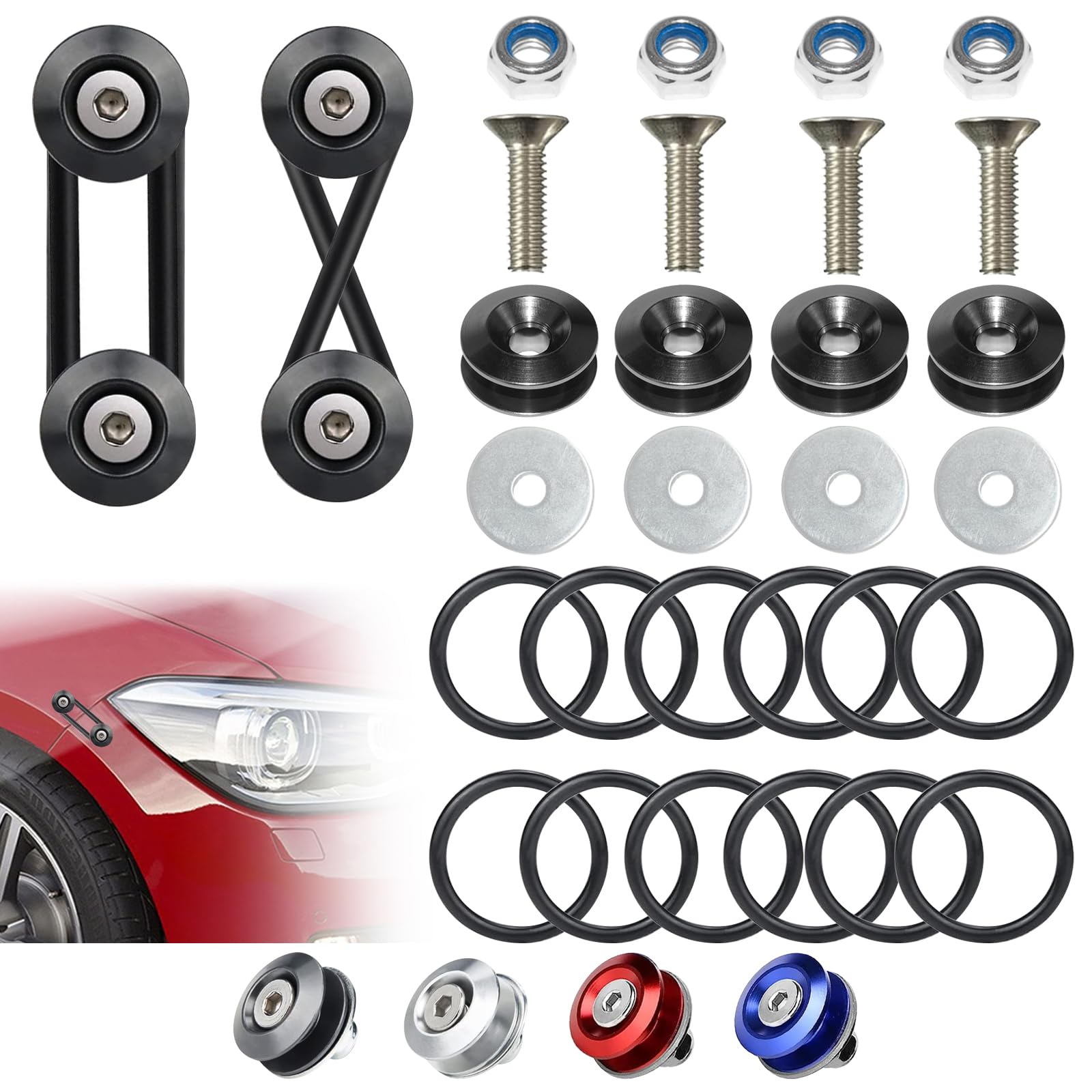 BFXM Universal Bumper Clips, Front Rear Bumper Quick Release Kit, Bumper Holders for Cars (4 Black Bumper Quick Release Tabs and 12 Customized O-Rings)
